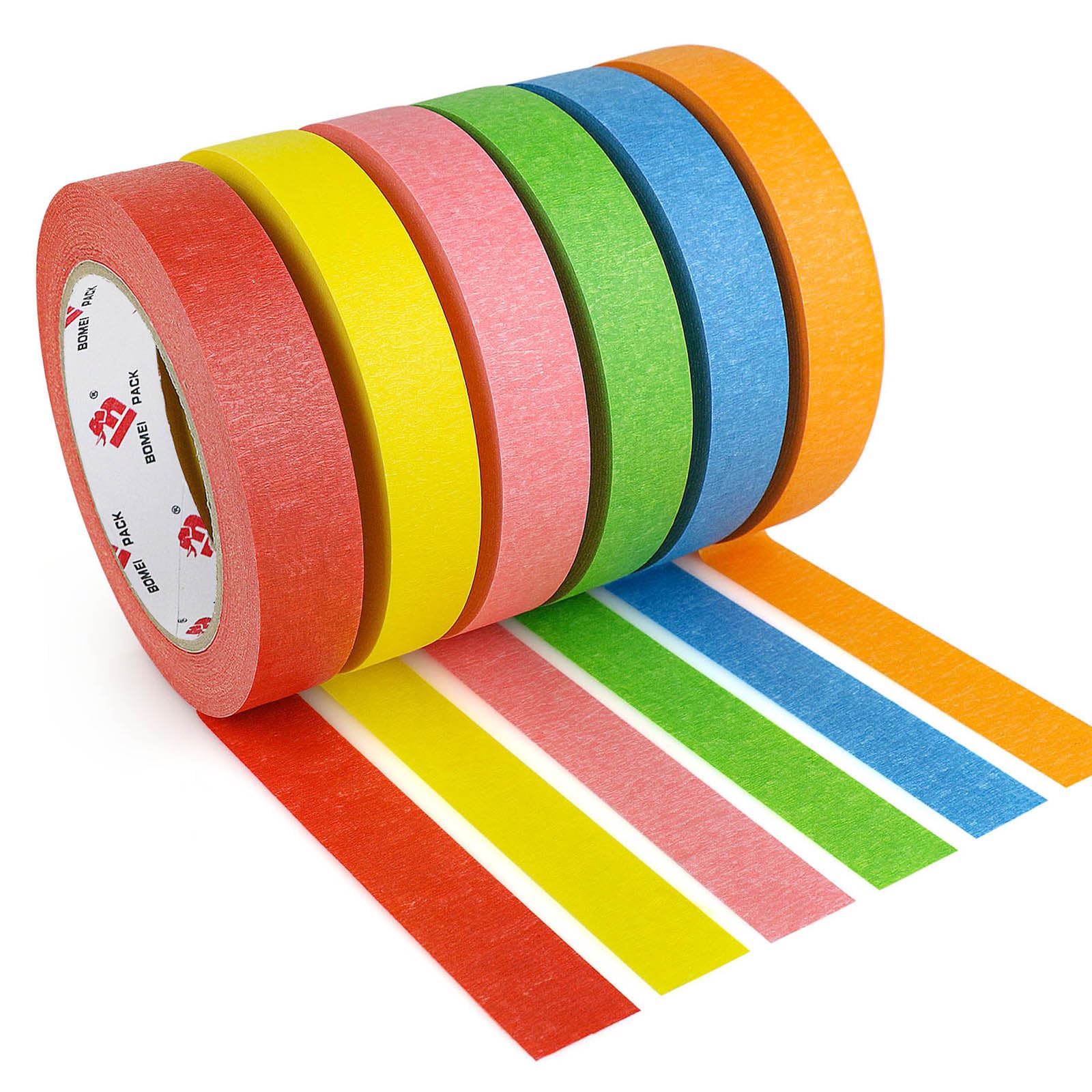 BOMEI PACK Colored Masking Tape - 6 Colors Masking Tape Rolls, 540 Feet x 1 Inch Craft Painters Tape, Rainbow Colored Painters Tape – for Arts &