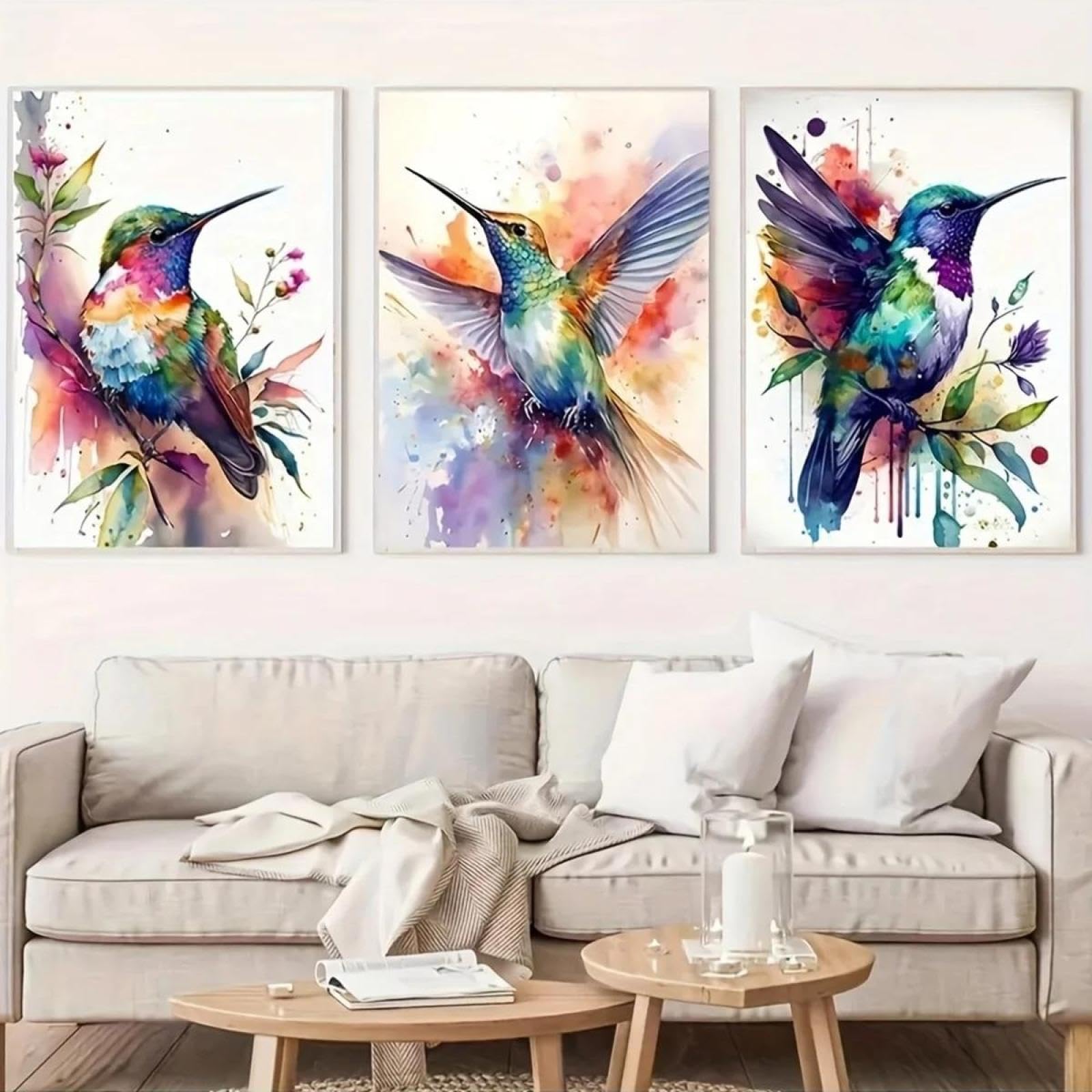 Baibexing Abstract Watercolor Birds Hummingbird Canvas Painting Poster Prints Wall Art Picture For Living Room Home Decor 40X60Cmx3Pcs Unframed