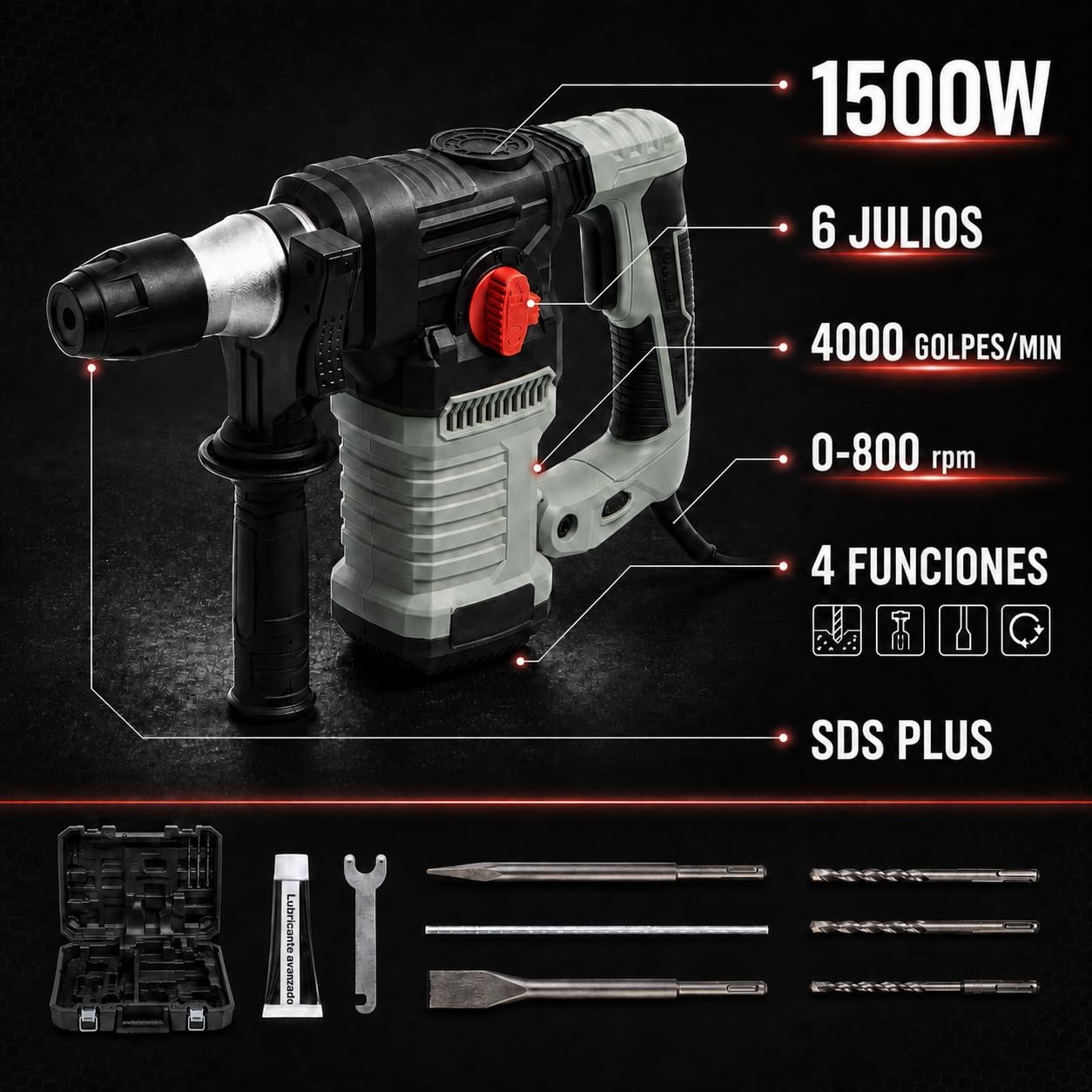 KOMBO – Taladro y Martillo Perforador Eléctrico de Percusión con Cable (1500 W)