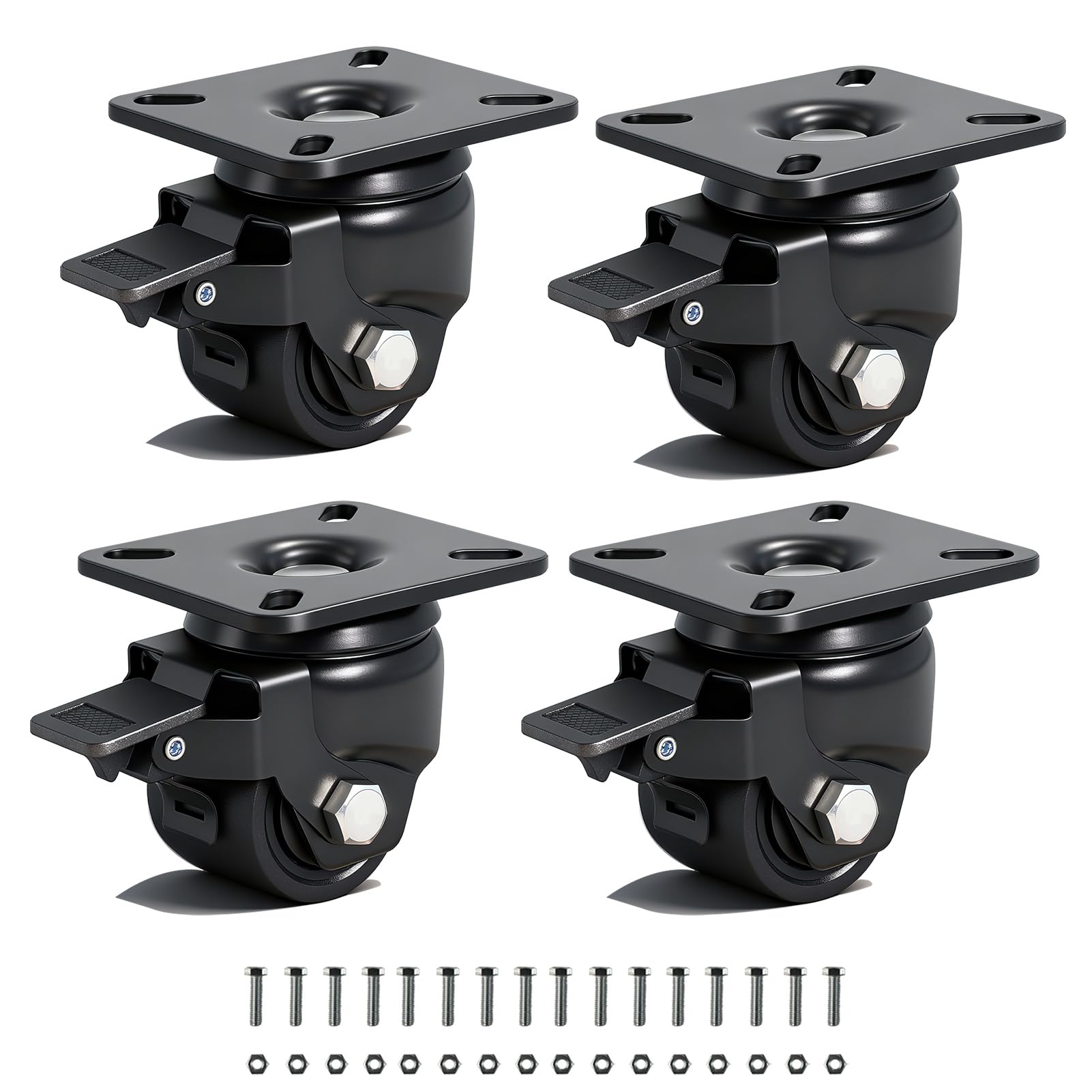 TESUMI Heavy Duty Casters Wheels 2" inch Low Profile Caster Set of 4 Load Capacity 2200lbs, Swivel Plate with Wheel Brake Low Gravity Center Furniture