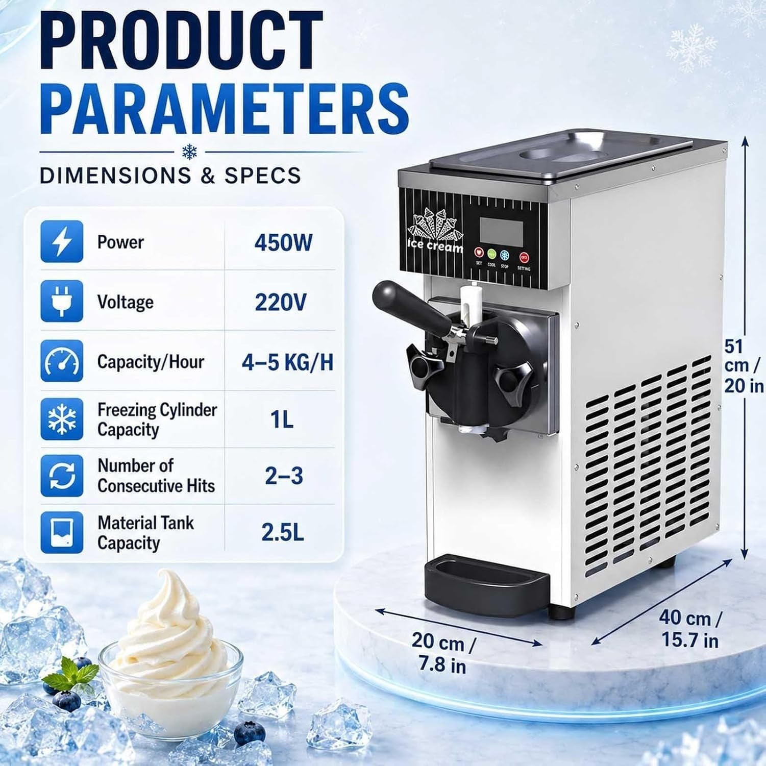Lodówka do lodów soft serve 450W, maszyna do lodów 4-5 l/h z panelem LCD, samooczyszczanie, automat do lodów ze stali nierdzewnej, do restauracji, kawiarni, skl, Orange