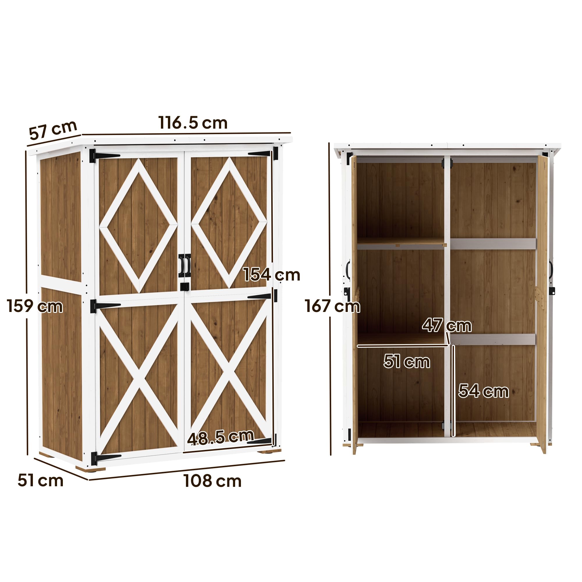 Outsunny Casetta da Giardino 0.55 m² con 2 Ripiani, 2 Porte con Serratura e Piedi Regolabili, Casetta Attrezzi Giardino in Legno di Abete e Tetto in Bitume, 116.5x57x159/167 cm, Marrone e Bianco