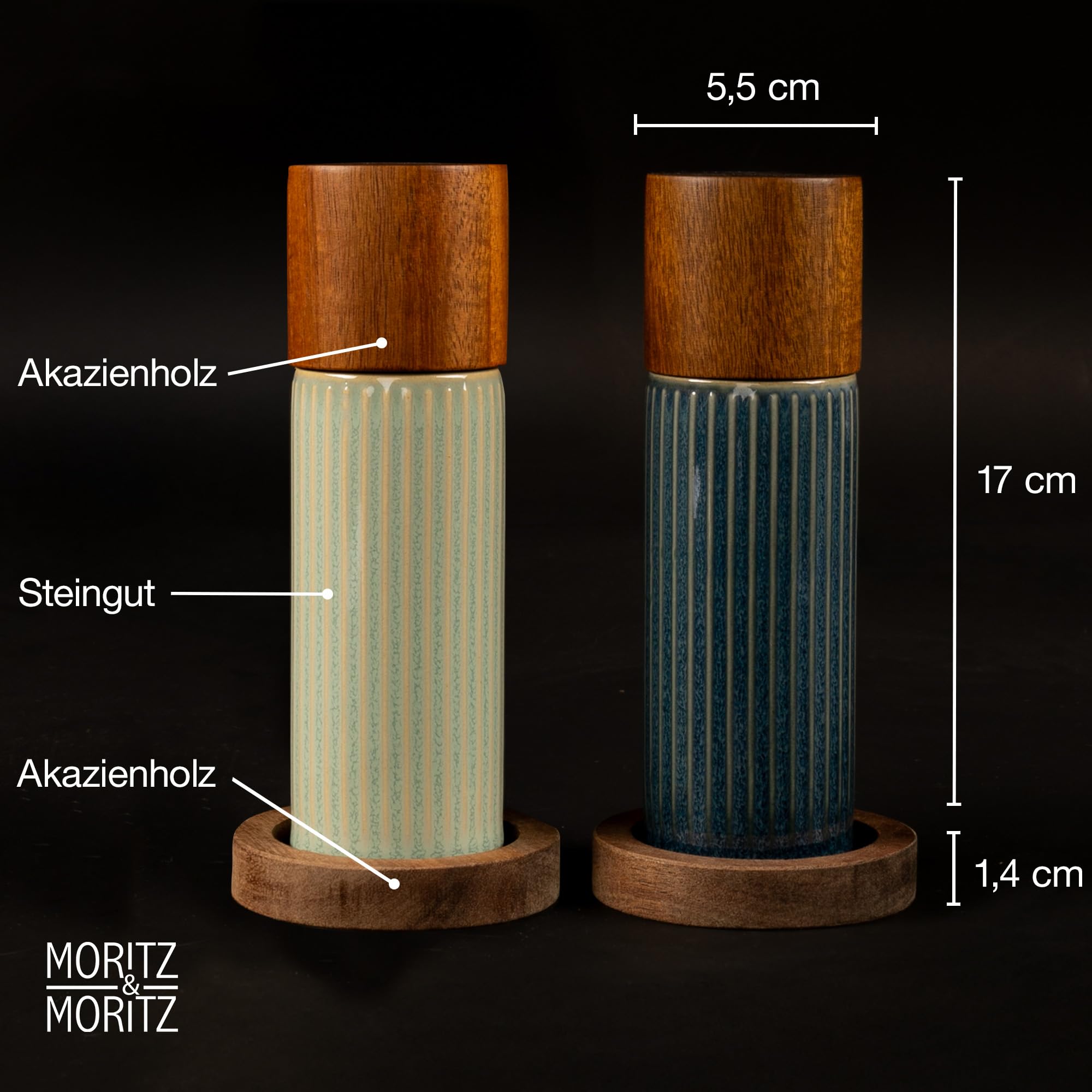 Moritz & Moritz PEPE Gewürzmühle 2er Set blau/grün - Salz und Pfeffermühle aus Steinzeug & Akazienholz mit Keramikmahlwerk, einstellbarem Mahlgrad und innovativem Click-System - Salzmühle & Chilimühle