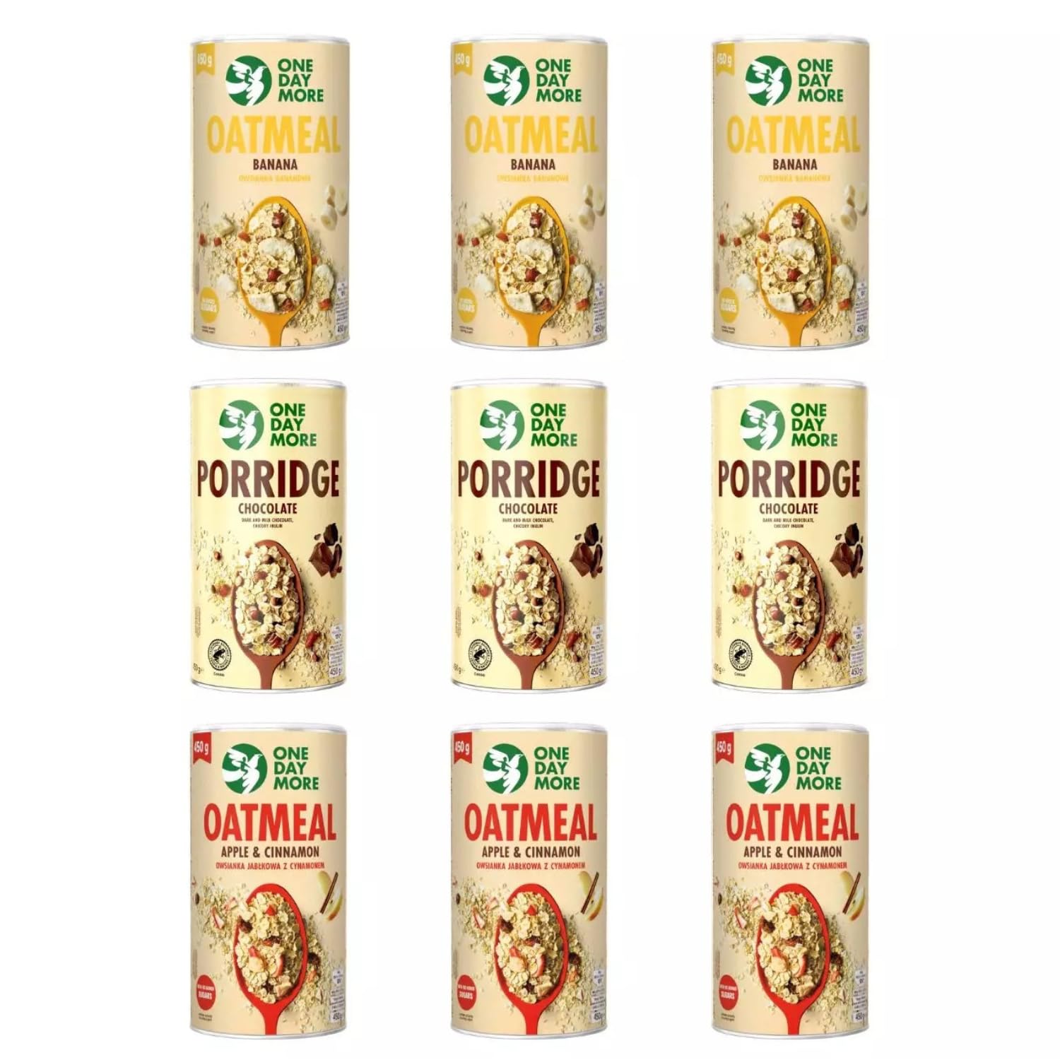 OneDayMore Coffret Porridges – Banane, Double Chocolat, Pomme-Cannelle | 9 × 450 g | Sans sucre ajouté | Flocons d’avoine de haute qualité