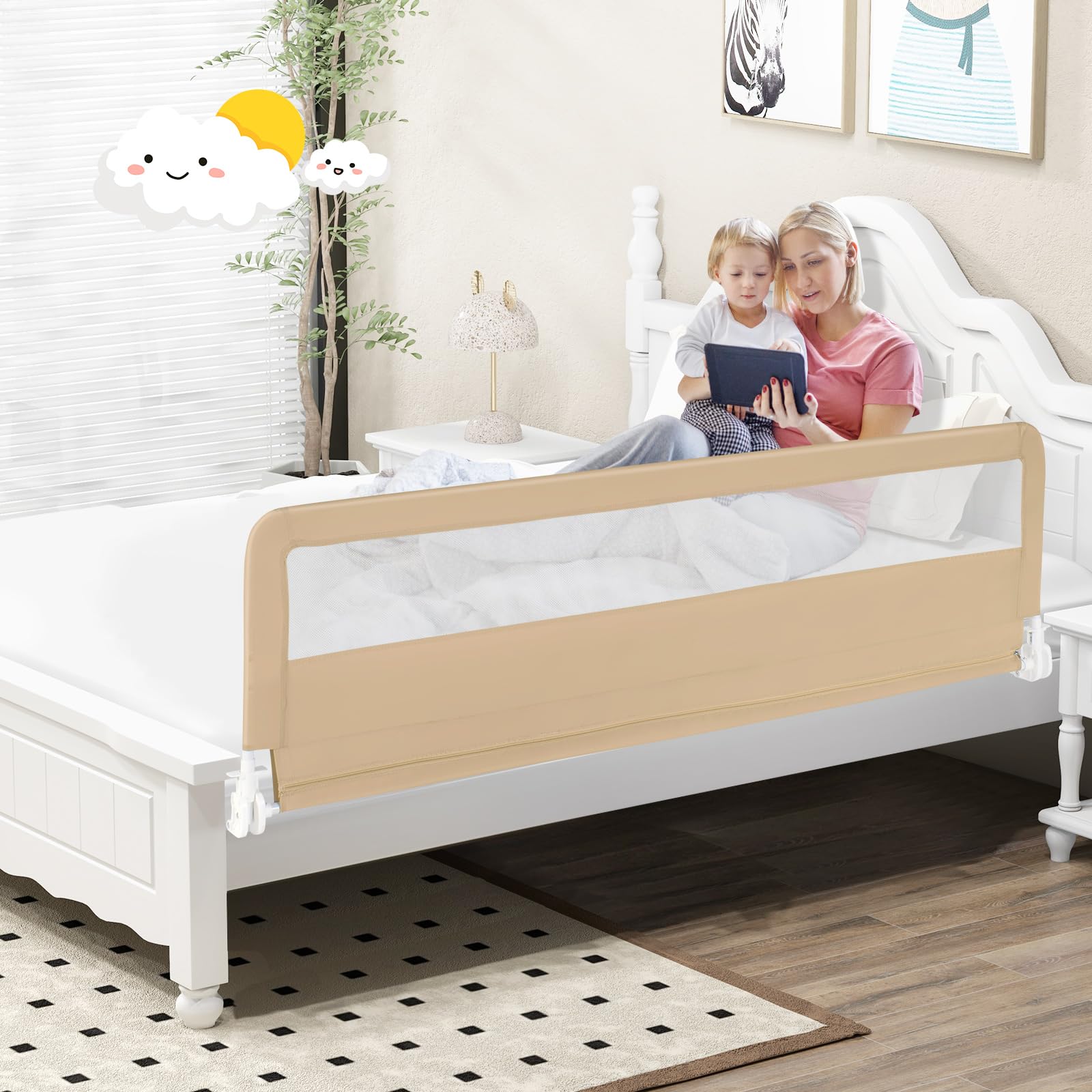 COSTWAY Barriera Letto per Bambini di 180 cm, Sponda di Sicurezza Pieghevole con Copertura Rimovibile, Rete Traspirante, Sbarra da Letto per Letti Singoli e Matrimoniali, 180 x 41 x 55 cm (Beige)