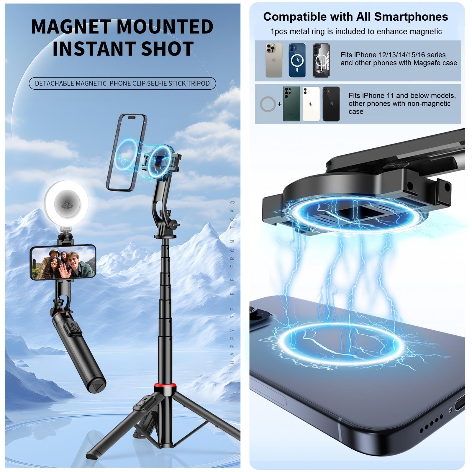 Perche à selfie magnétique pour iPhone – Trépied de téléphone de 129,5 cm compatible avec Magsafe, trépied de voyage pour iPhone, téléphones portables, Android, appareil photo, enregistrement vidéo,