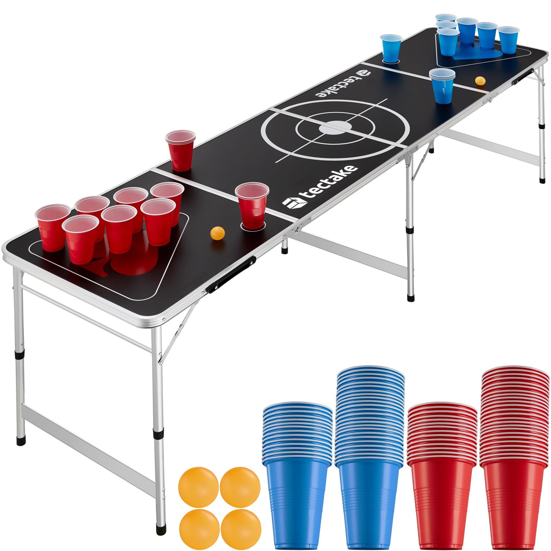 tectake® Stół do Beer Pong Brews & Throws, Składany z Uchwytami, Aluminiowa Rama, Nogi z Regulacją Wysokości, Antypoślizgowe Nakładki, Zestaw 100 Kubków(50x czerwone i 50x niebieskie) + 6 Piłek
