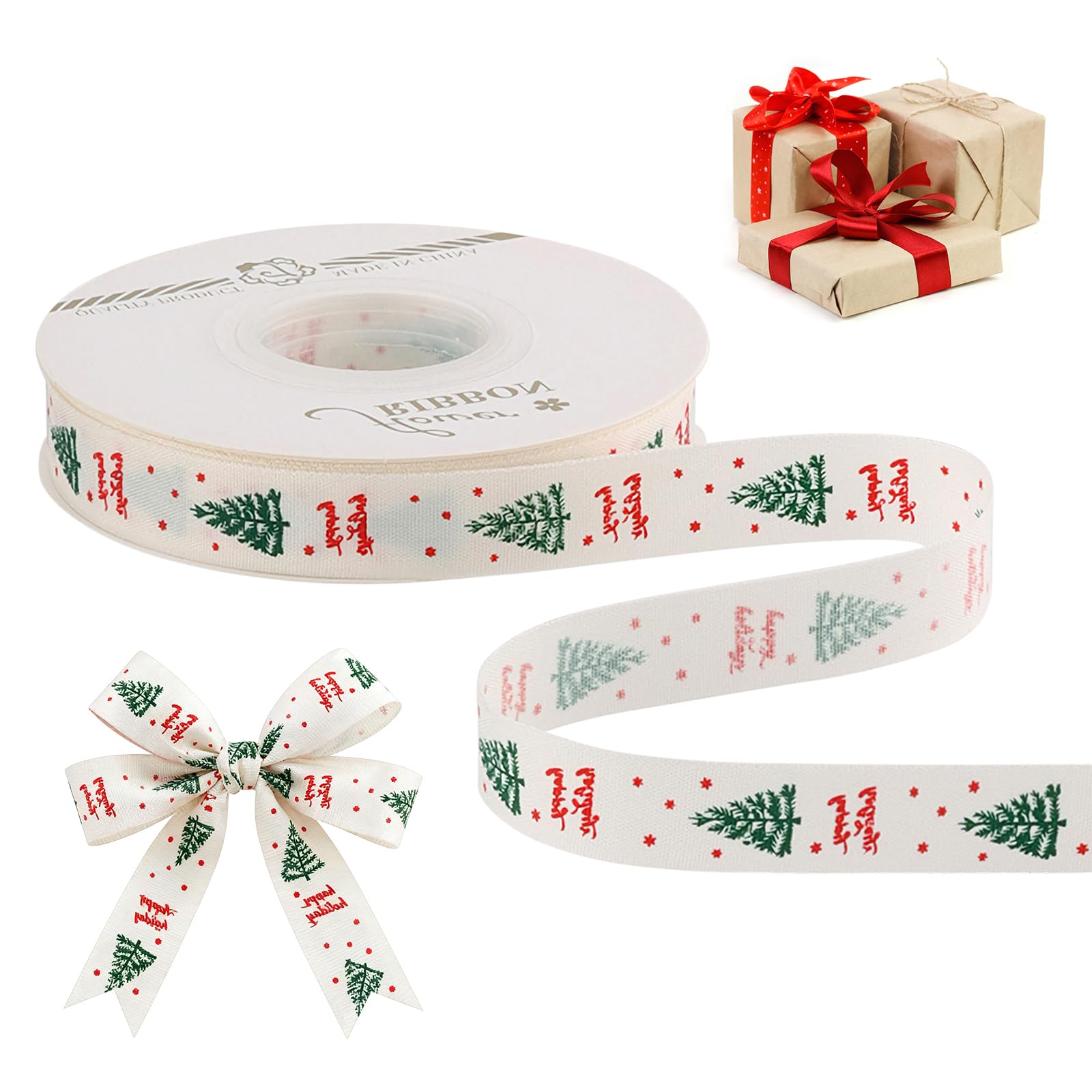 Christmas Ribbon for Gift Wrapping, Thick Fabric Silk Satin Floral Ribbons for Crafts (Cedar-1.5cm)