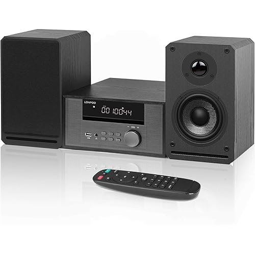 Home CD Stereo Shelf System,100W Hi-Fi Bookshelf Speskers System (CD Player, FM Radio, Wireless Bluetooth, USB Playback, AUX, Headphone Jack)