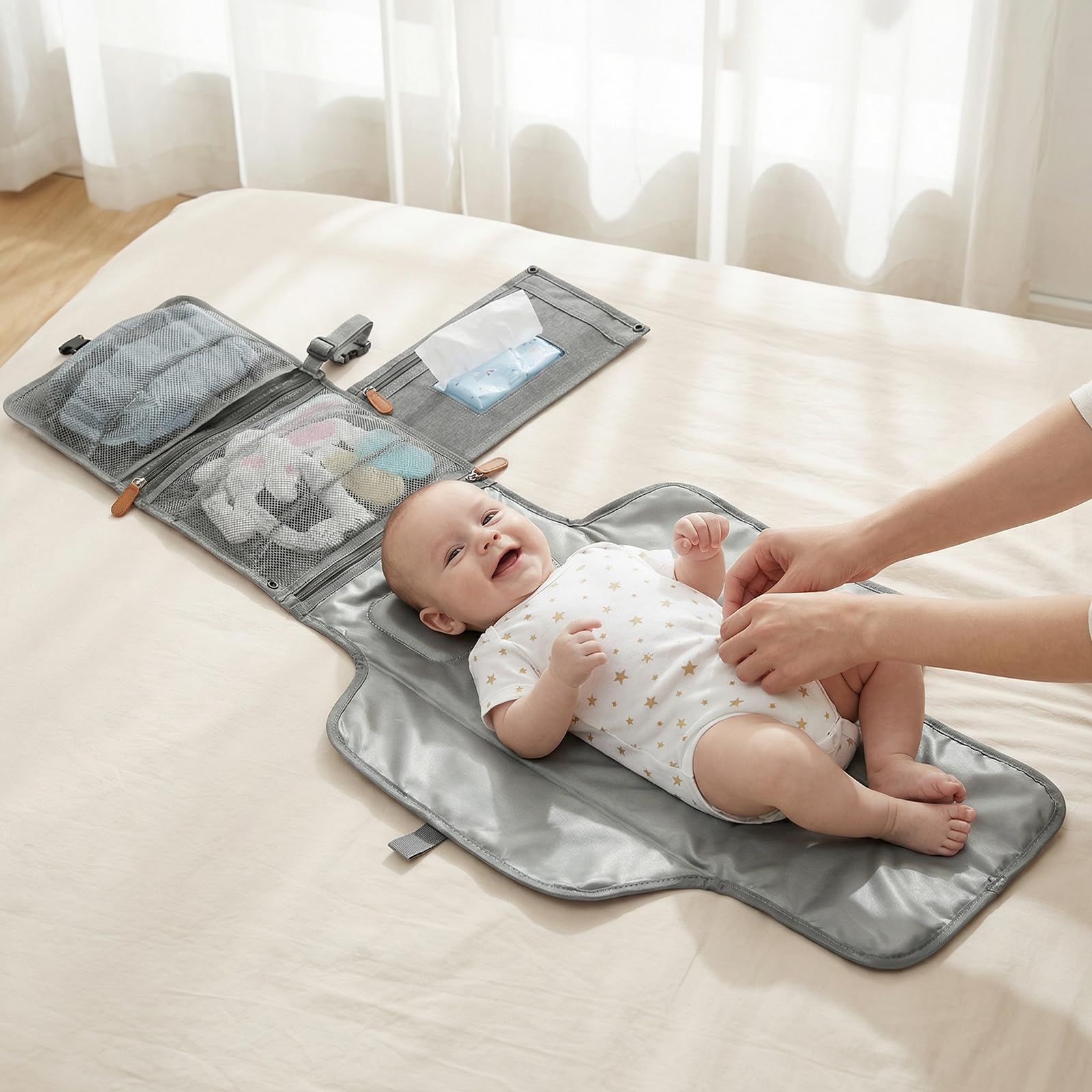 UBRAVOO Fasciatoio portatile – Borsa da viaggio con tasca per salviettine, design intelligente, kit da viaggio per bambini, regalo per neonati e ragazzi (grigio)