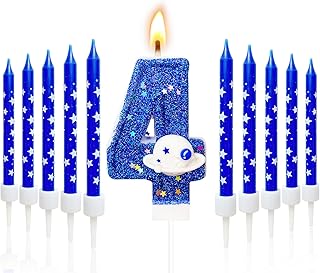 11 Pcs Astronaut Space Birthday Candles - 0 to 9 Spaceship Number Birthday Candles & Stars Candles, Astronaut Cake Topper, Space Cake Decorations (Number 4)