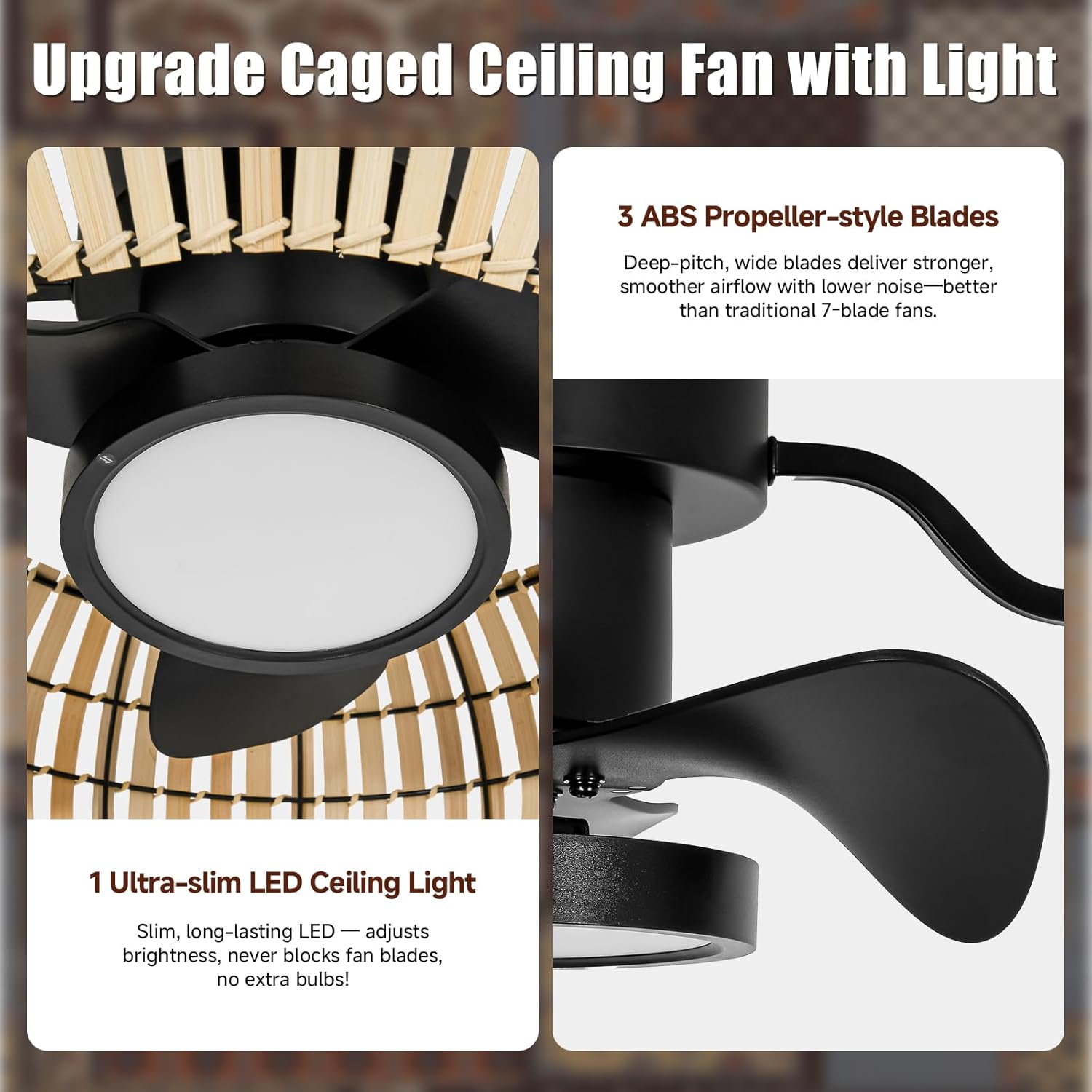 ocioc 20" Fandelier Ceiling Fans with Lights and Remote,Caged Ceiling Fan with Light,Flush Mount,Low Profile,Bladeless,Quiet Reversible DC Motor,Boho Rattan Ceiling Fan for Bedroom