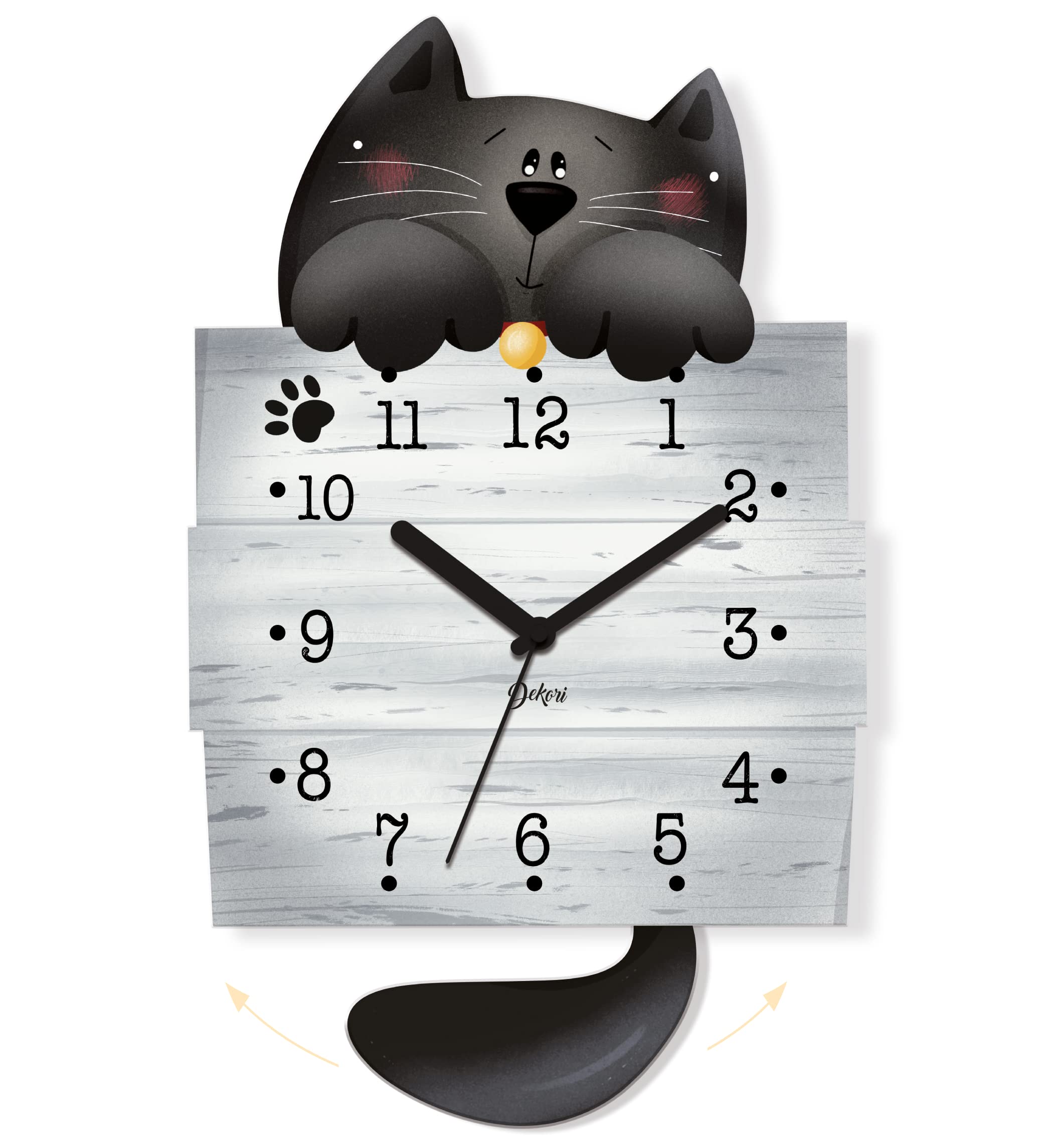 DEKORI Orologio da Parete con Pendolo – Design Gattino Nero, Silenzioso, Artigianale, in Legno per Cucina, Cameretta o Casa, 37x22 cm