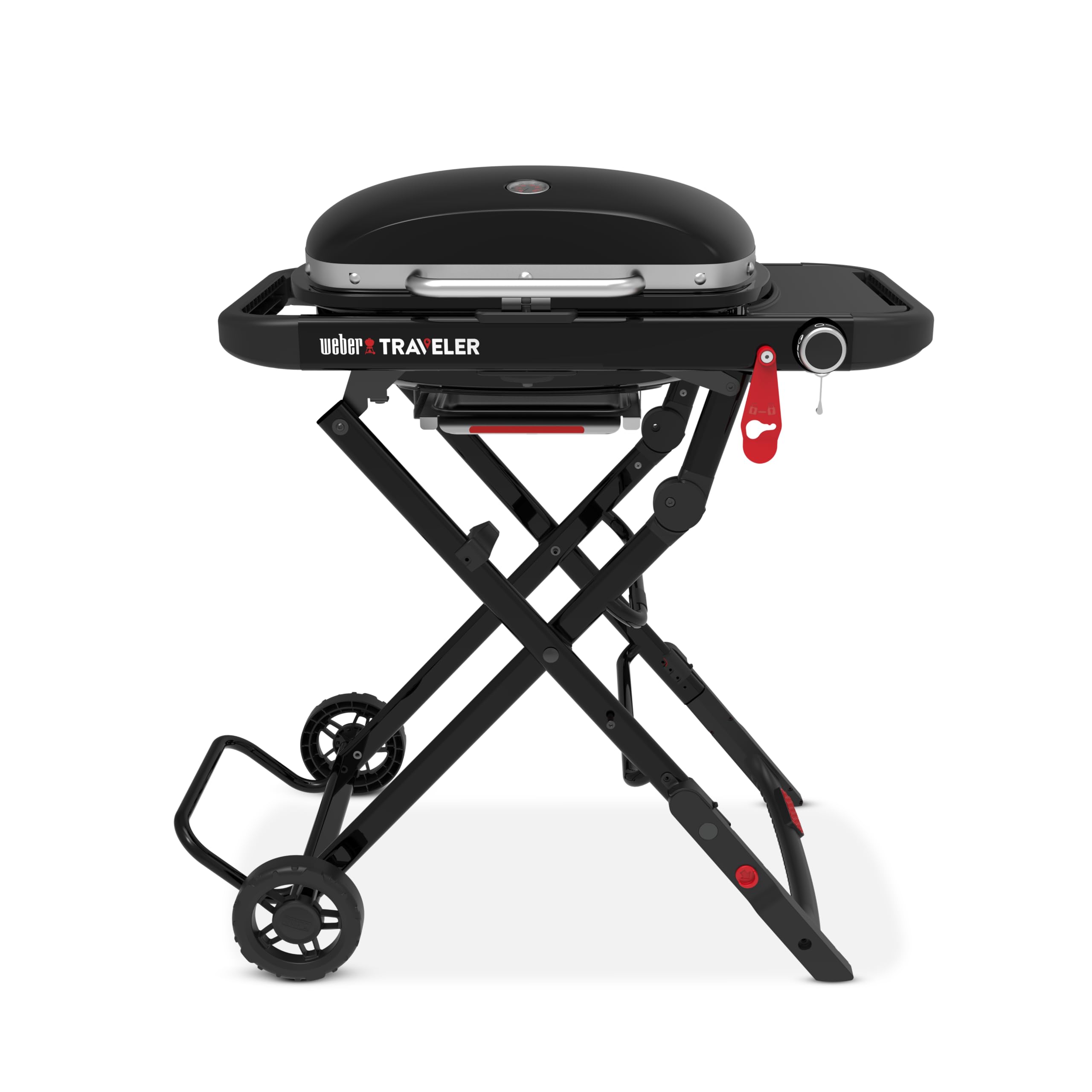 Weber Traveler Compact Gasgrill/Klappbarer und tragbarer Gasgrill mit Rädern, automatischer Deckelverriegelung und integriertem Thermometer, 1 Brenner, Grillfläche 52 x 36 cm, schwarz