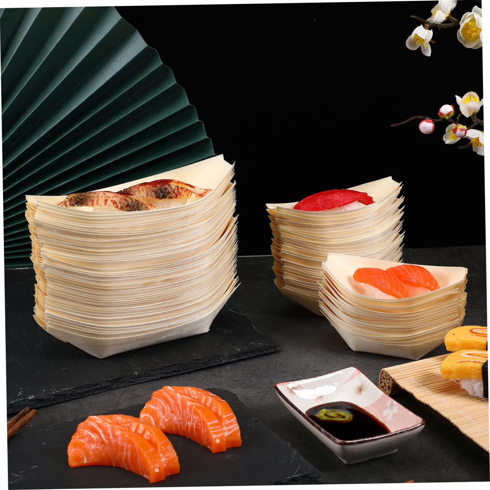 SOLUSTRE 100 Pcs Wooden Sushi Boat Plates Disposable Sushi Trays for Serving Snacks Desserts and Appetizers for Parties Gatherings and Japanese Restaurants