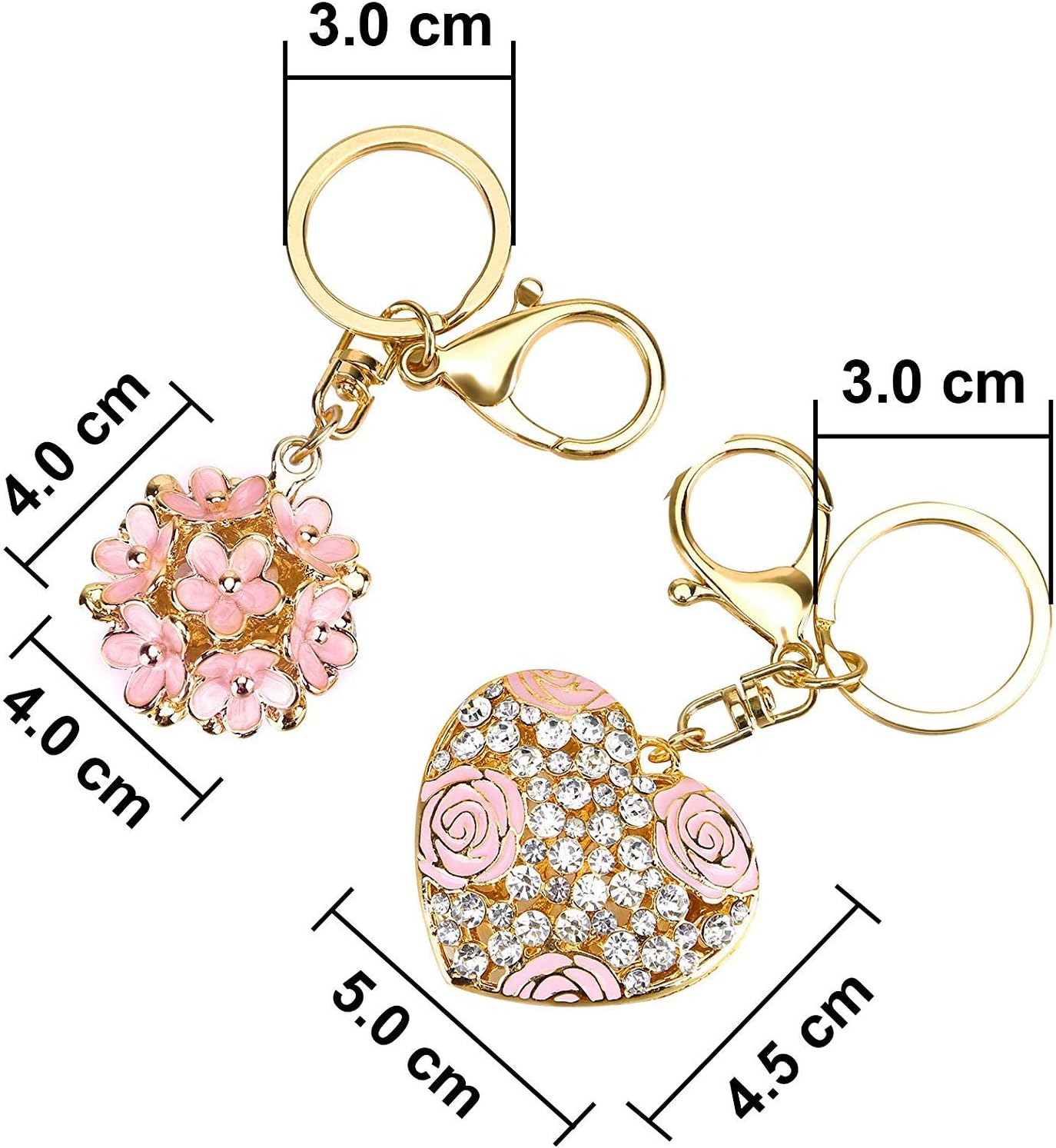 Flowers Ball Keychain and Sweet Love Heart Rose Flower Crystal Keyring, 2 Pieces keychains for women