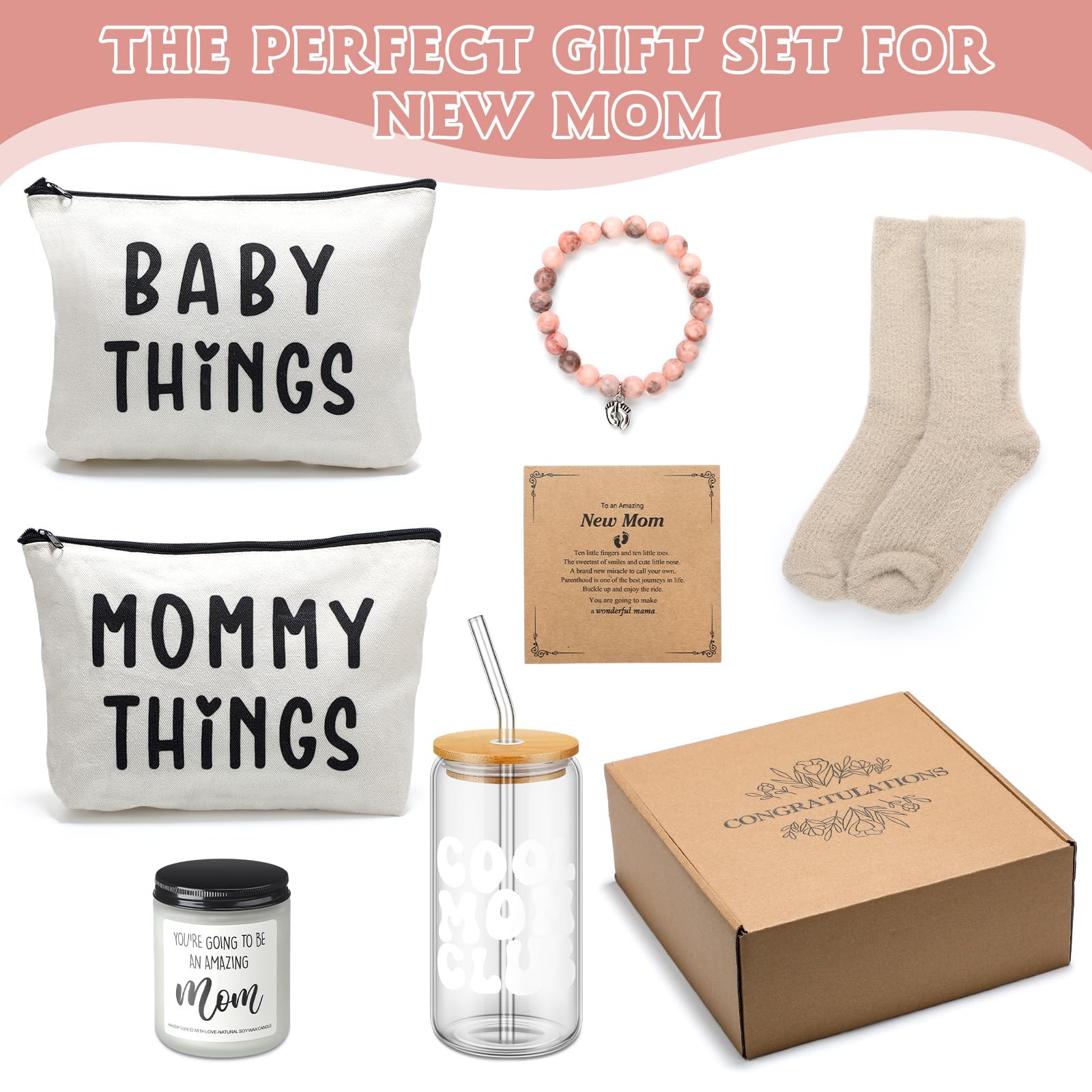 Maxdot Paquete de 8 piezas para el cuidado de la nueva mamá después del nacimiento, cesta de regalo para mujeres embarazadas, kit de regalo posparto con taza de vidrio para baby shower, esperando que