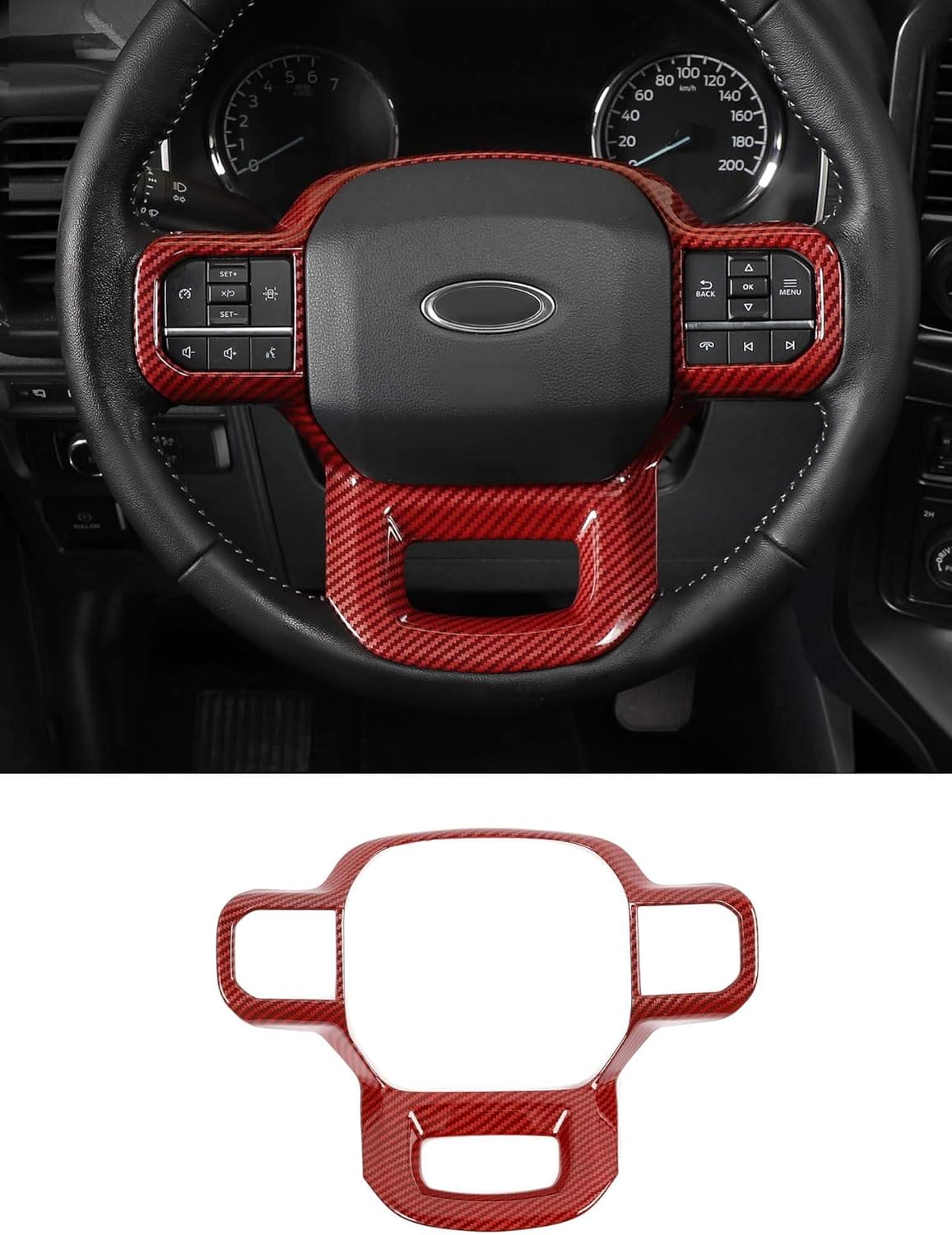 Savadicar Red Carbon Fiber Interior Accessories - Steering Wheel Trim Cover for Ford F150 (2021-present) - Premium Texture Interior Decor Upgrade Option, 1 PC