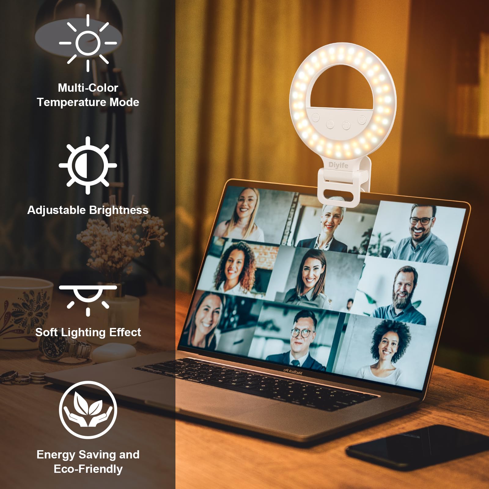 Anello Luce Per Selfie Diyife – 60 LED, Batteria 1000mAh, 10 Livelli Luminosità E 3 Colori, Clip Regolabile 360° Per Telefono, Tablet E PC – Per Live, Trucco E Vlog