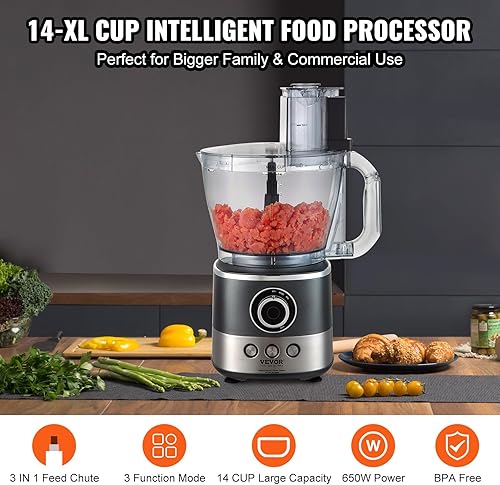 Miniatura 2 de VEVOR Procesador de alimentos, picadora eléctrica de verduras de 14 tazas con 3 ajustes preestablecidos Auto-iQ, ajuste de múltiples velocidades de