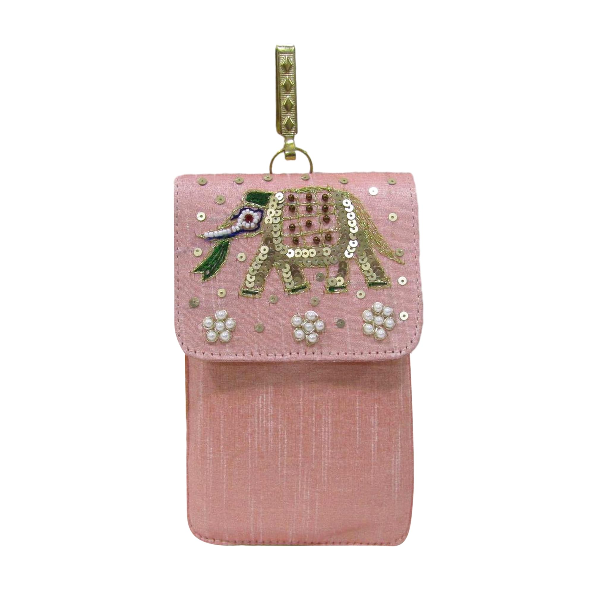 Purple Pink Elephant Pearl Hand Embroidery Mobile Pouch with Waist Clip Hook & Detachable Golden Sling Chain Beaded Design,Ethnic Phone Purse for Women and Girls for Party Wedding (Peach)-picture-50