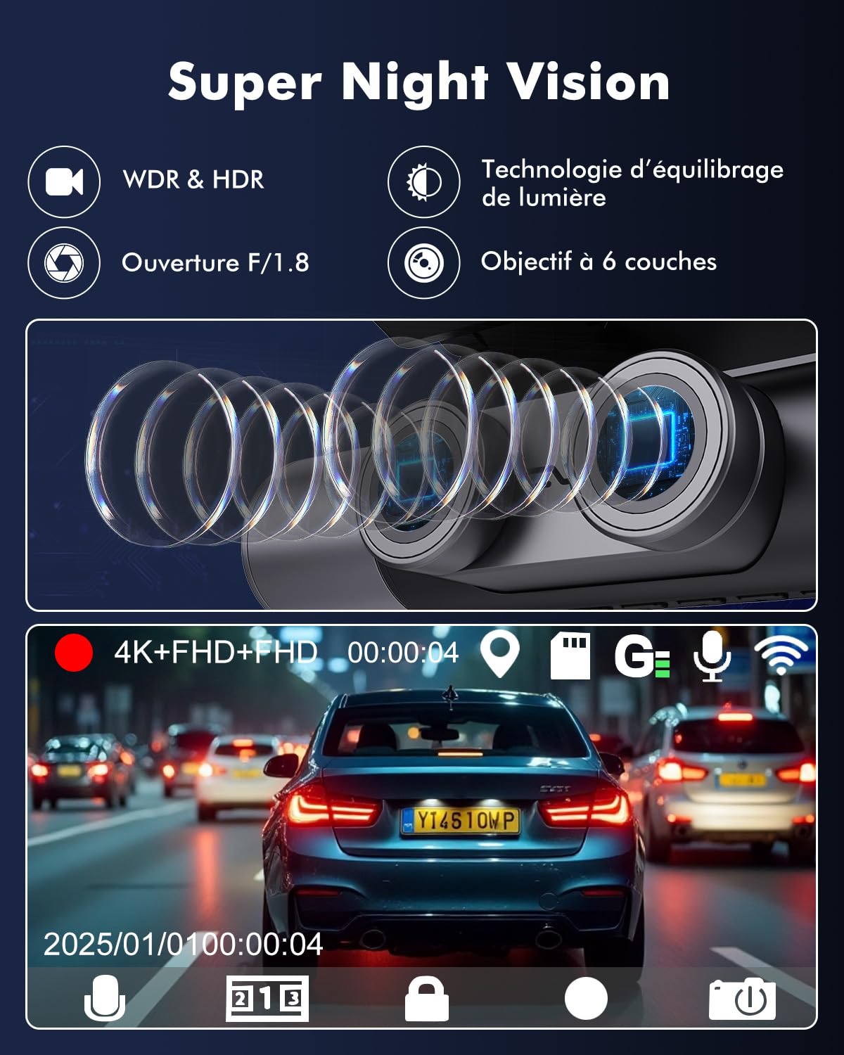 Dashcam Voiture 3 Canaux 4K, WiFi GPS, Mode Park 24h, Carte 64 Go | 4K Avant+ 1080P Arrière+ 1080P Intérieur, Vision Nocturne HDR/WDR, G-Sensor, Enregistrement en Boucle, Écran IPS 3"