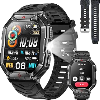 Reloj Inteligente Hombre, Pantalla HD 2.1 Pulgadas Reloj Militar Hombre con Linterna, 100+ Deportes, Frecuencia Cardíaca/SpO2/Sueño, Brújula, Smart Watch que Responde/Realiza Llamadas Android iOS