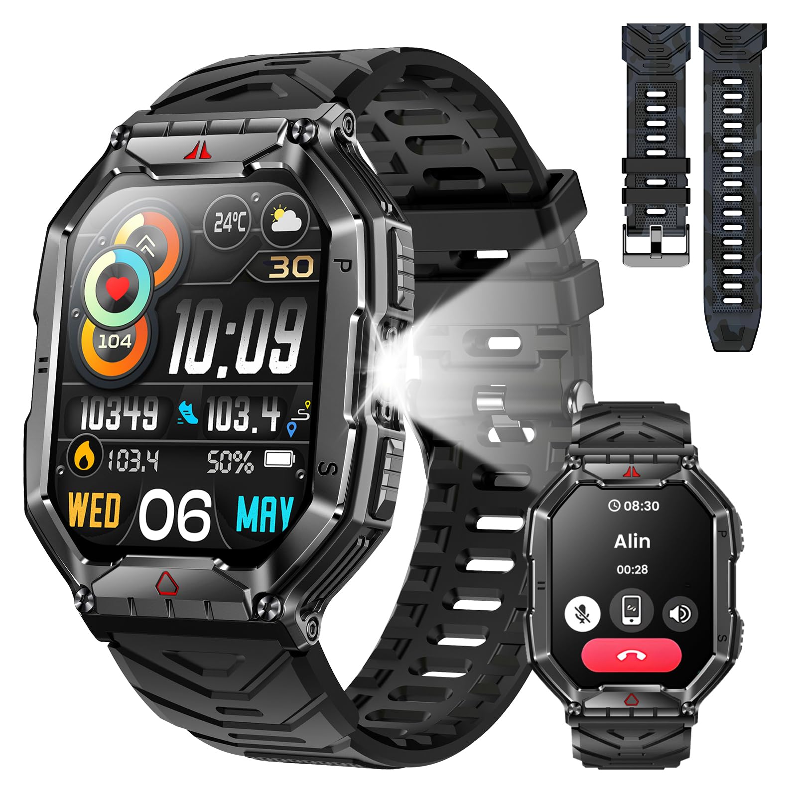 Reloj Inteligente Hombre, Pantalla HD 2.1 Pulgadas Reloj Militar Hombre con Linterna, 100+ Deportes, Frecuencia Cardíaca/SpO2/Sueño, Brújula, Smart Watch que Responde/Realiza Llamadas Android iOS