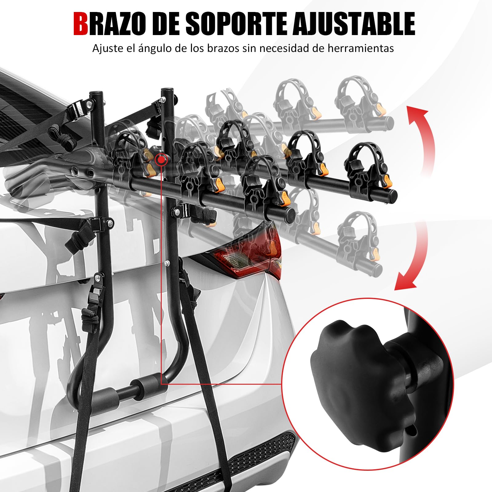 GYMAX Portabicicletas Coche con Longitud y Ángulo Ajustables para 3 Bicicletas, Soporte para Maletero para Maletero con Barra Superior y la Mayoría de Sedanes, Hatchbacks, Minivans y SUV