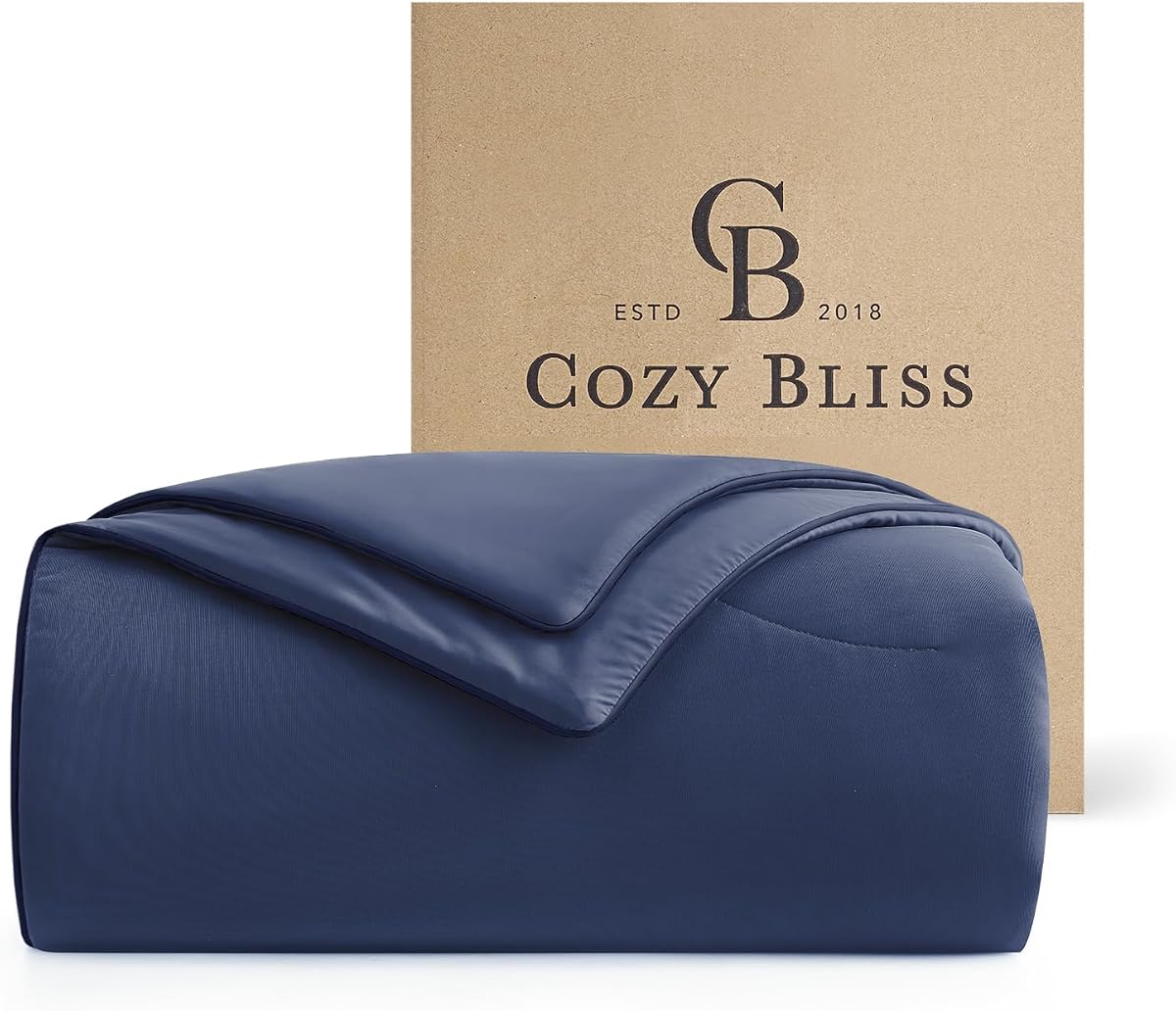 Cozy Bliss Cooling Comforter Queen Size, Reversible Lightweight Cooling Blankets for Hot Sleepers and Night Sweats, Q-Max>0.45 Soft Breathable Silky Smooth Summer Comforter, Dark Blue, 90"x90"