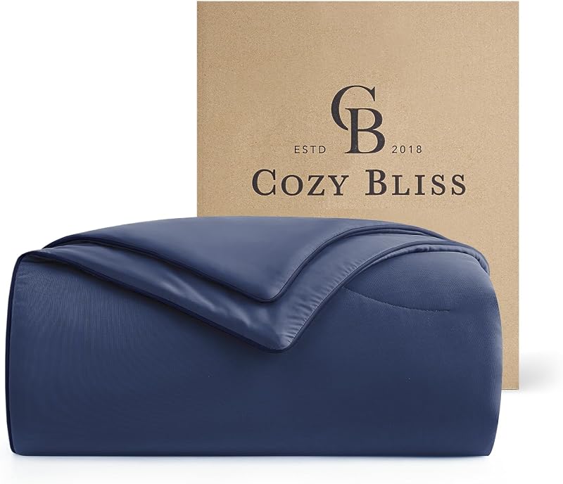 Cozy Bliss Cooling Comforter Queen Size, Reversible Lightweight Cooling Blankets for Hot Sleepers and Night Sweats, Q-Max>0.45 Soft Breathable Silky Smooth Summer Comforter, Dark Blue, 90"x90"