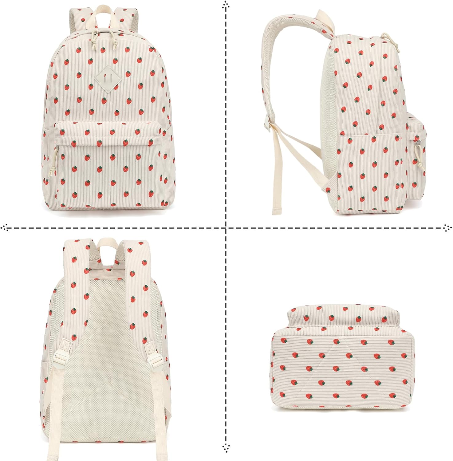 Corduroy Girls Backpack Set, 3PCS School Backpacks for Kids Elementary Middle School Bags with Lunch Box Pencil Case (Beige Corduroy Strawberry) - Image 7