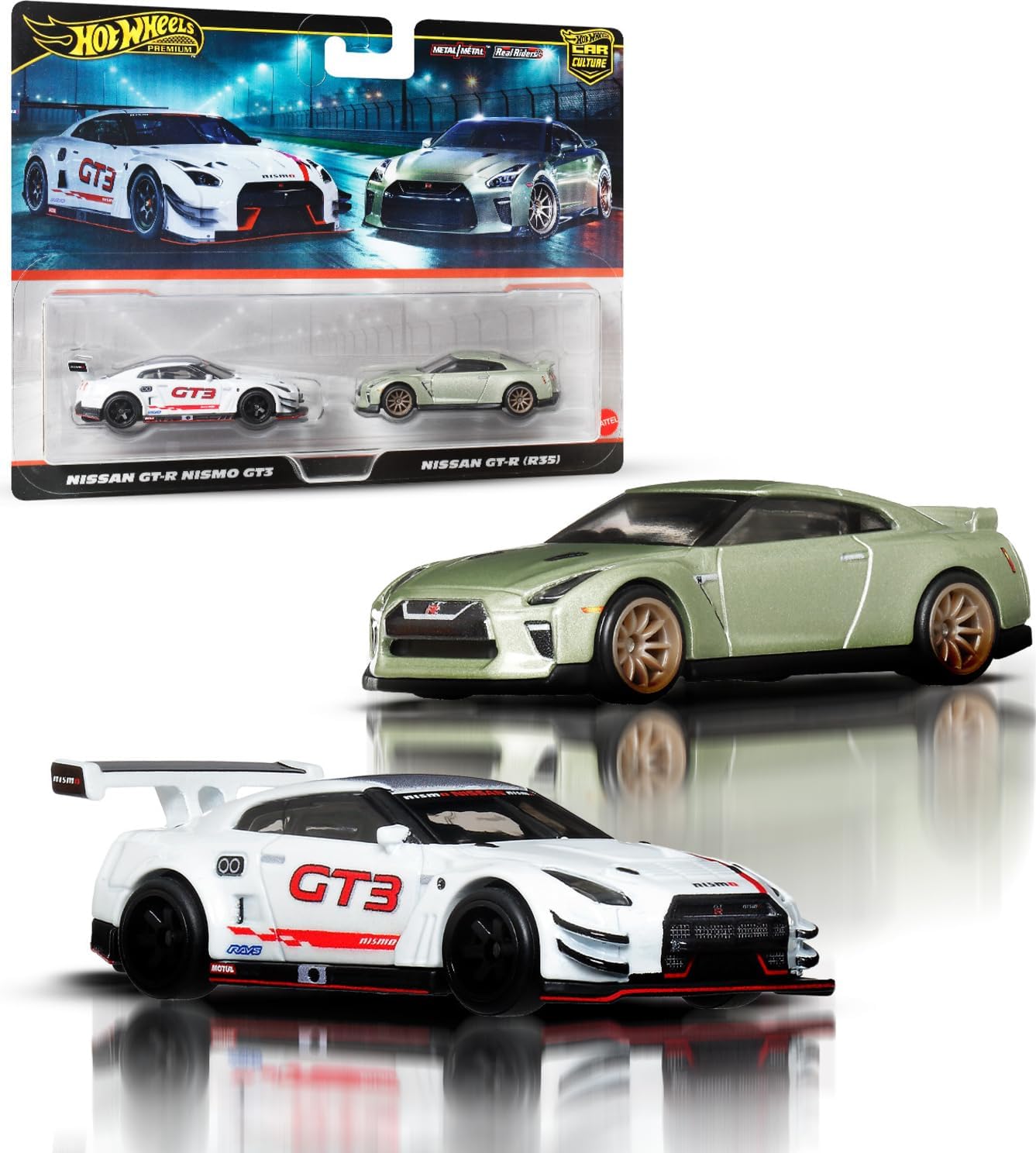 Hot Wheels Premium 2 Pack Nissan GT-R NISMO GT3 / Nissan GT-R (R35) Ride On Toy Mini Car Ages 3+ Multi JBL05