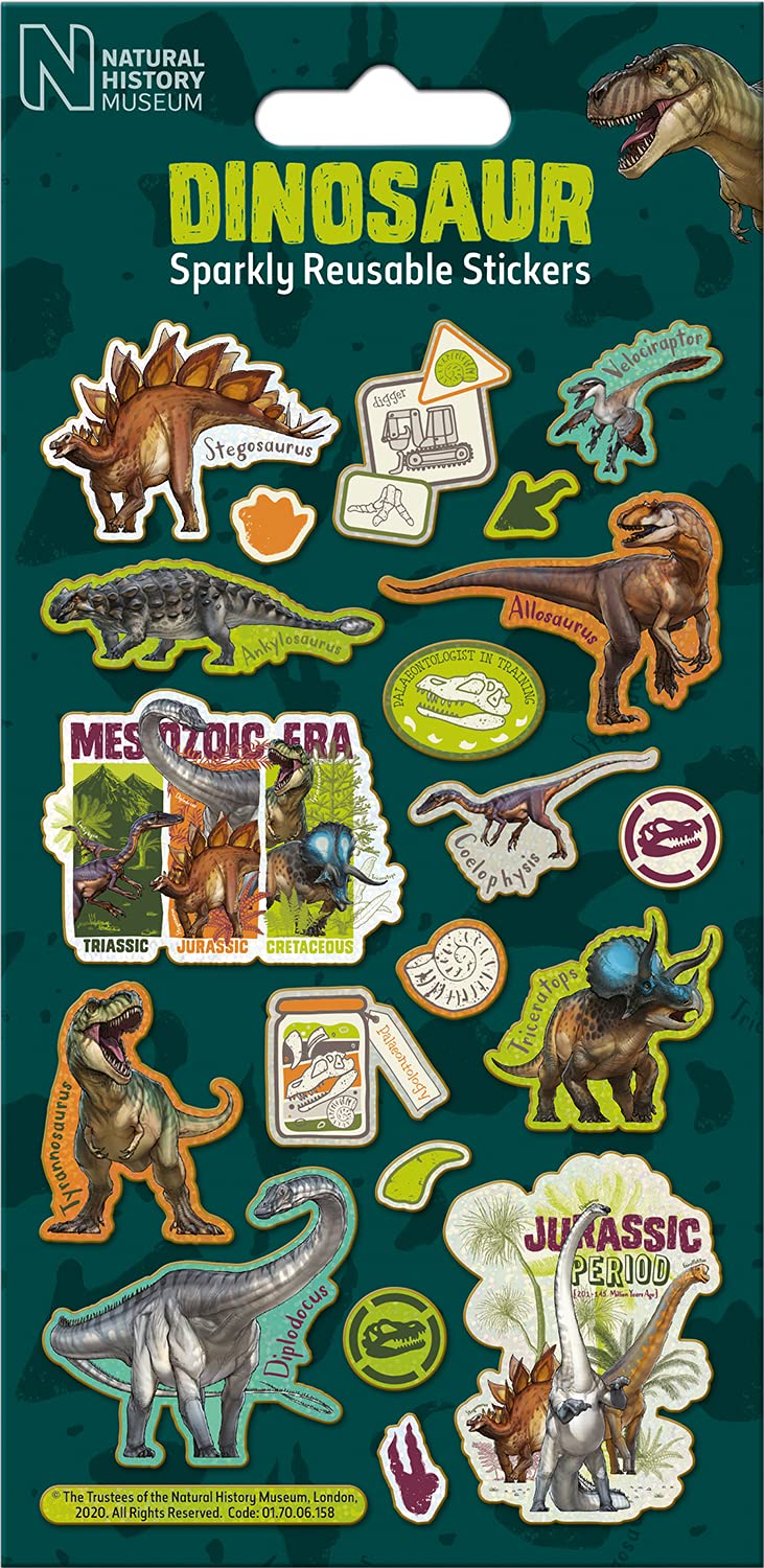 Natural History Museum Dinosaurs Sparkly Reusable Stickers | Official Licensed Product | Reusable on Non-Porous Surfaces, Green