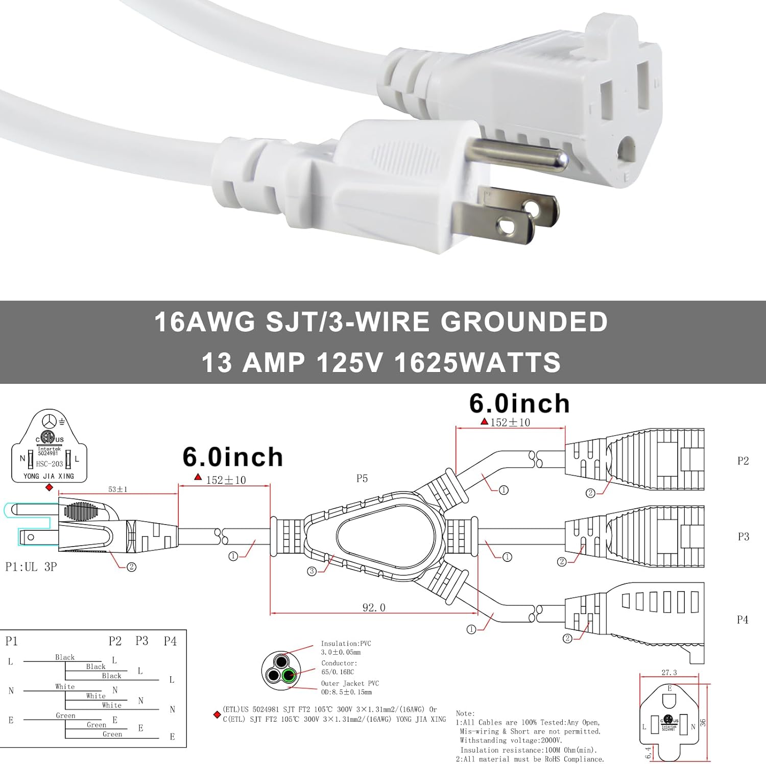 KUNCAN 3-Outlet Extension Cord - White 1-Pack Outlet Splitter, 1FT Power Extension With 3 Prongs, 16AWG 13A/125V 1625W (NEMA 5-15P to 3*NEMA 5-15R)