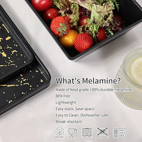 Miniatura 7 de Juego de vajilla de melamina – 12 piezas de platos cuadrados y cuencos para 4, uso en interiores y exteriores, apto para lavavajillas, negro