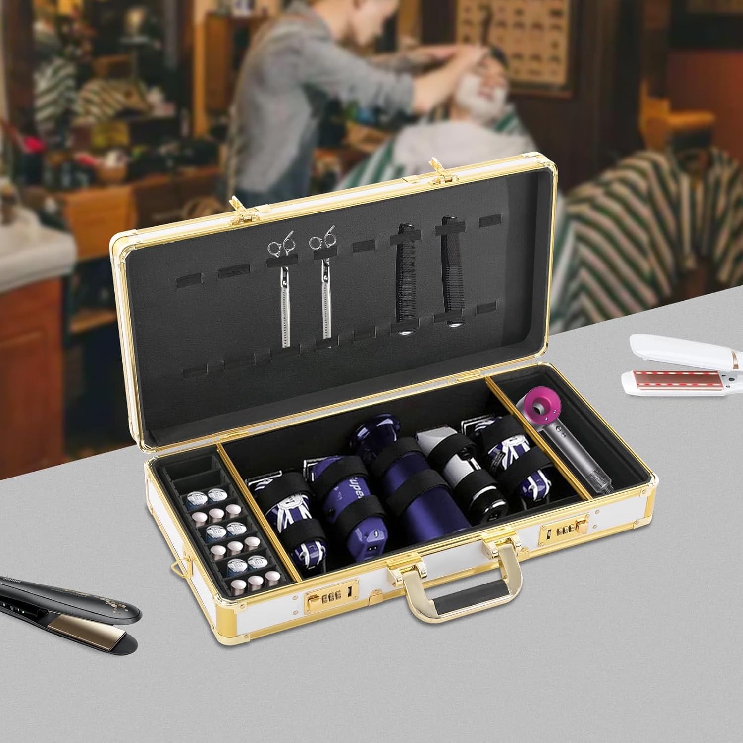 Beauty Salon Barber Case, Hair Stylist Tool Kits Organizer, Barber Travel Carry Case（White, Gold）
