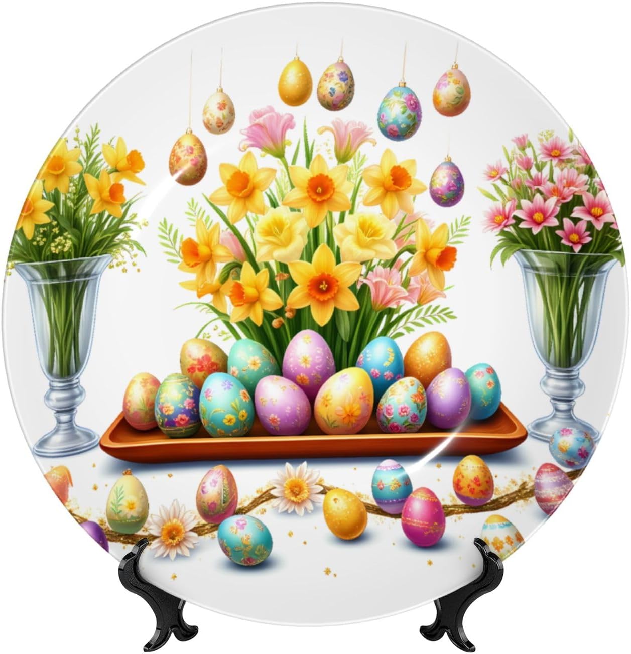 Easter Egg Wreath Celebration Style Ceramic Plate Display Decorative Plate With Stand Wall Hanging Plate For Home Decor 10 Inch