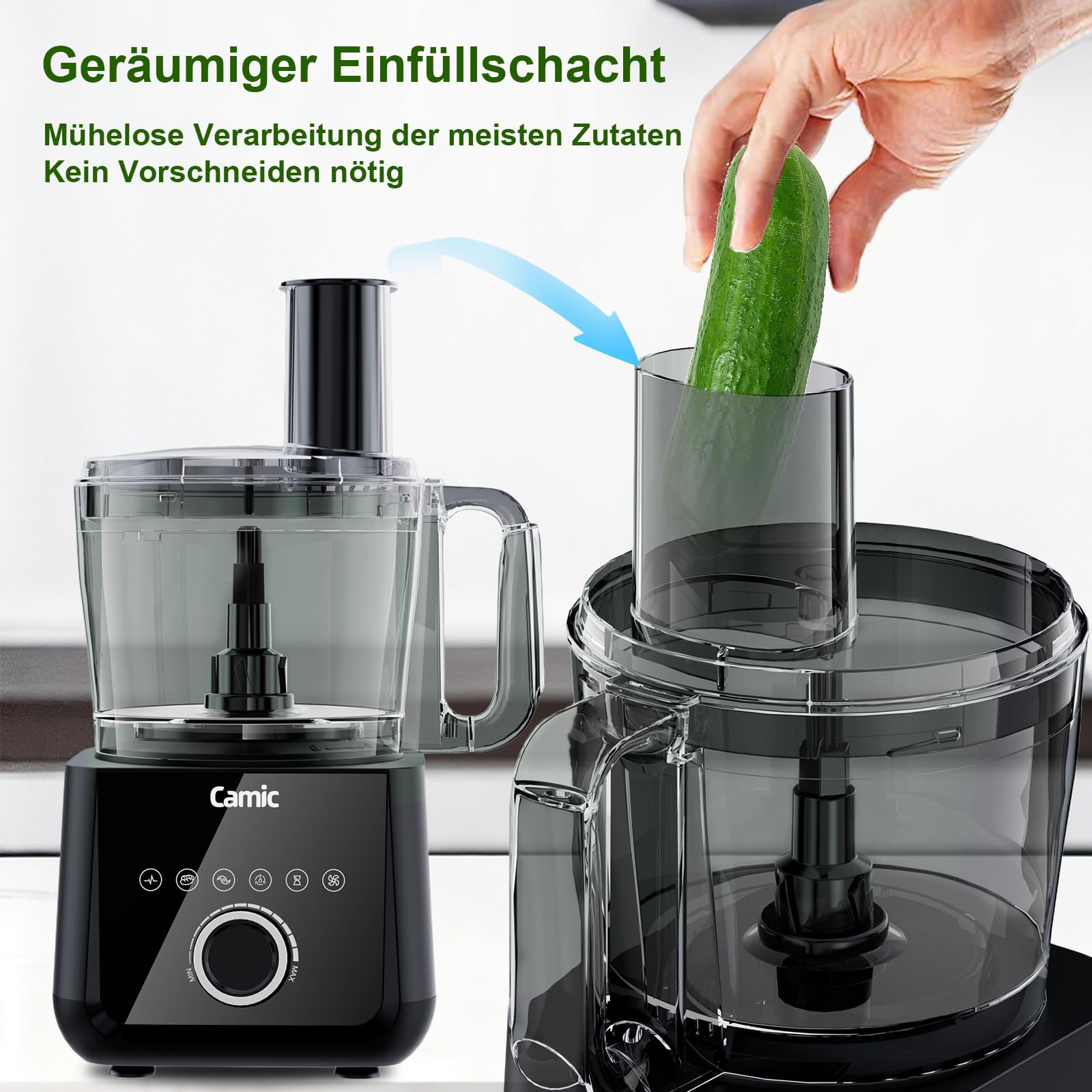 Camic Kompakte Küchenmaschine Food Processor 1500W Motor, 6 Funktionen, PowerChop, 3-in-1 Scheibe, Einfacher Zusammenbau, 2,5L Schüssel (Upgrade-Version)