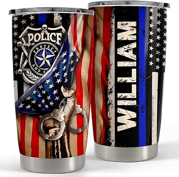 SANDJEST Personalized Police Tumbler with Customize Name American Flag 20oz 30oz Tumbler with Lid Gift for Man Husband Police Officer Coworker