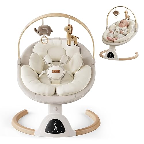 Baby Swings for Infants, TinyGlow Baby Swing, Electric Baby Swing with Remote Control, 10 Preset Melodies, 5 Natural Motion Speeds, Portable Infant Swing for Indoor & Outdoor Use (Beige)