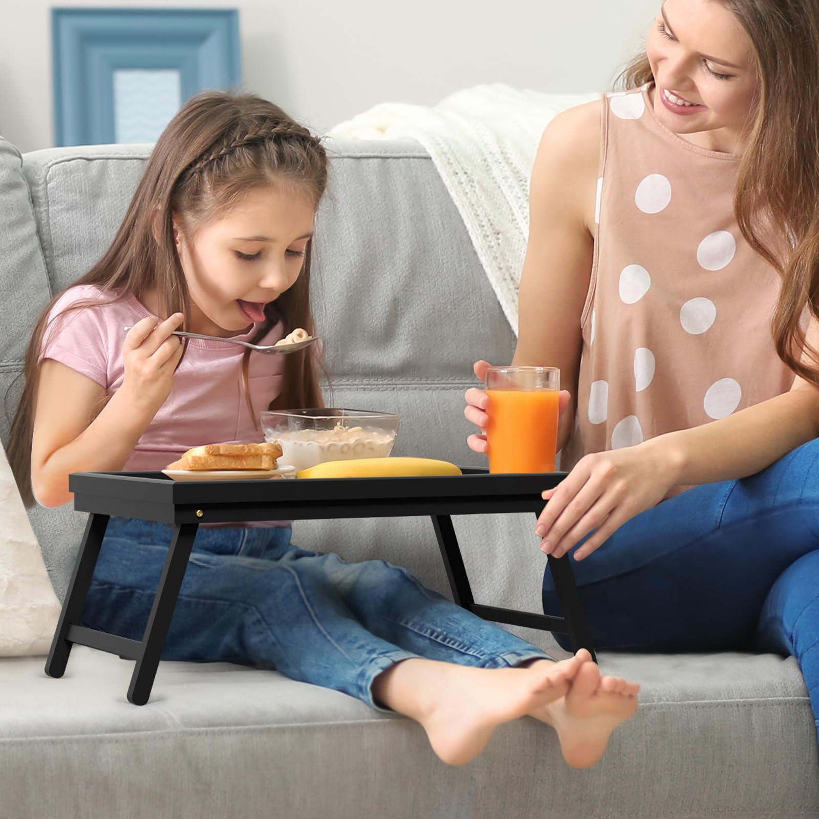 Frühstückstablett Bambus Betttisch Klappbar Betttablett Essenstablett mit Fuß Tabletttisch Bed Table Klapptisch Bett Tablett Tisch Tablett (50 * 30 * 23 cm, Schwarz)