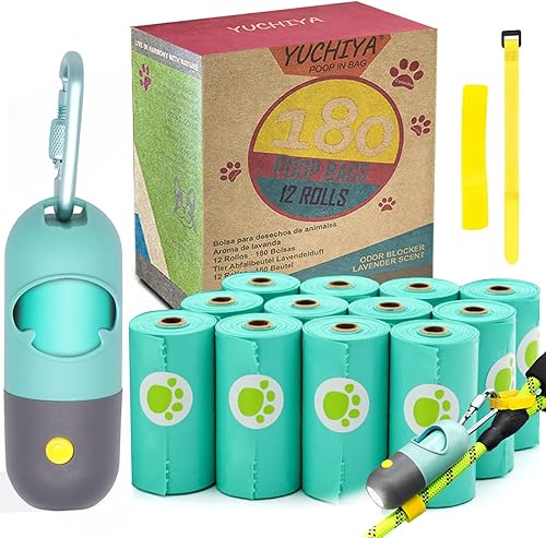 Soporte para bolsas de basura para perros con linterna LED, dispensador de bolsas para excrementos de perros con 13 rollos de bolsas de basura