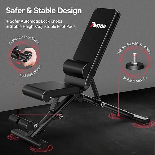 Miniatura 4 de PASYOU Adjustable Foldable Weight Bench for Home Gym with 660LBS, Workout Bench for Incline Decline Flat Bench Press, Full Body Strength Training,