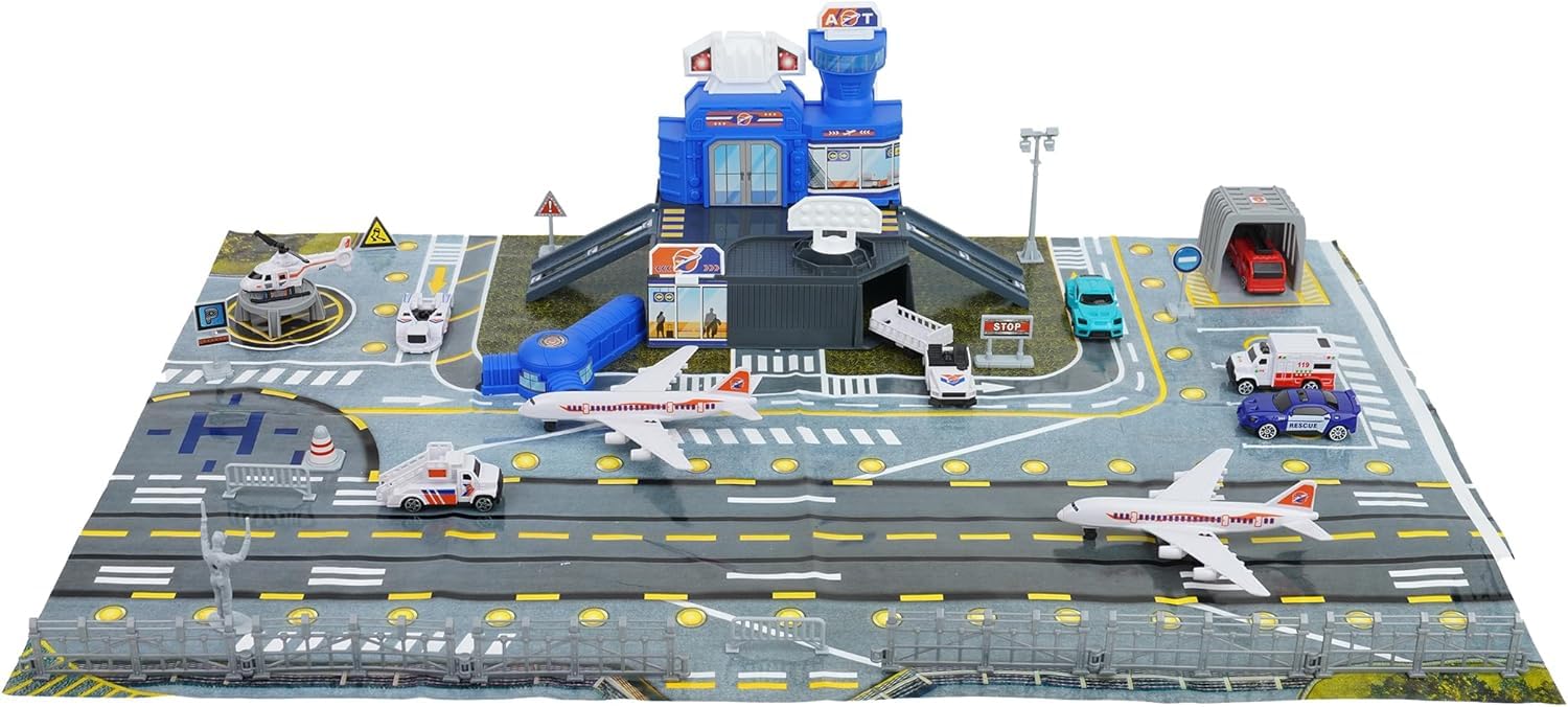 Airplane Car Toy Set for Toddler Airport Playmat with Helicopter, Truck, Plane, Sign, Fire Truck Parking Lot Toy Set with Traffic Sign, Road Accessory Transport Airplane Scene Play Mat for 3 4 5 6