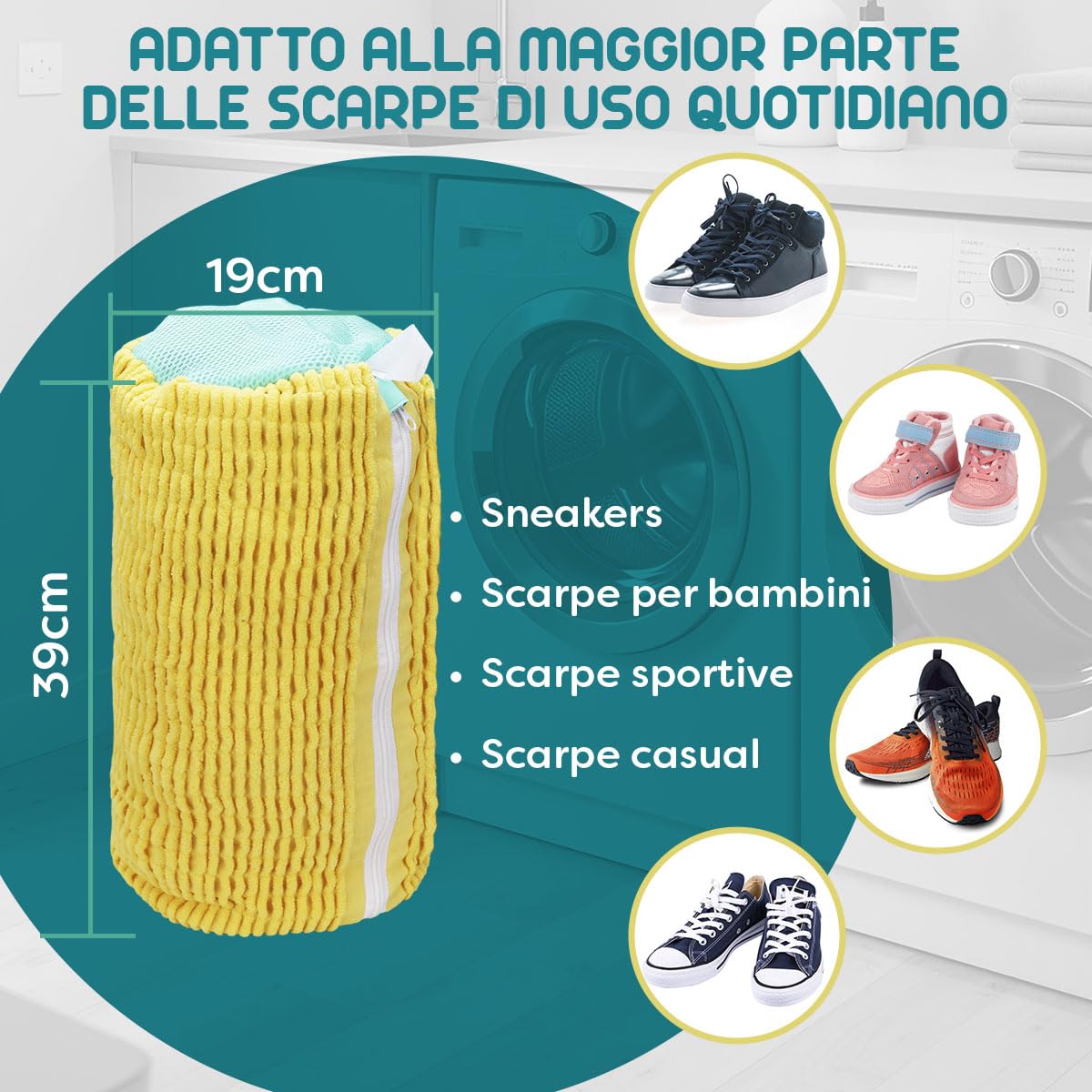 2 Pezzi Sacchetto Scarpe Lavatrice - Riutilizzabili Sacchetti per Scarpe Lavanderia - Pulizia a 360° con Cerniera Rinforzata (Giallo)