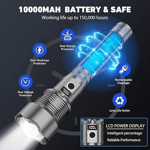 Miniatura 7 de NiaoChao Linternas LED recargables de alto lúmenes, 900000 lúmenes, linterna súper brillante, 10000 mAh, 5 modos IPX7, impermeable, potente luz de