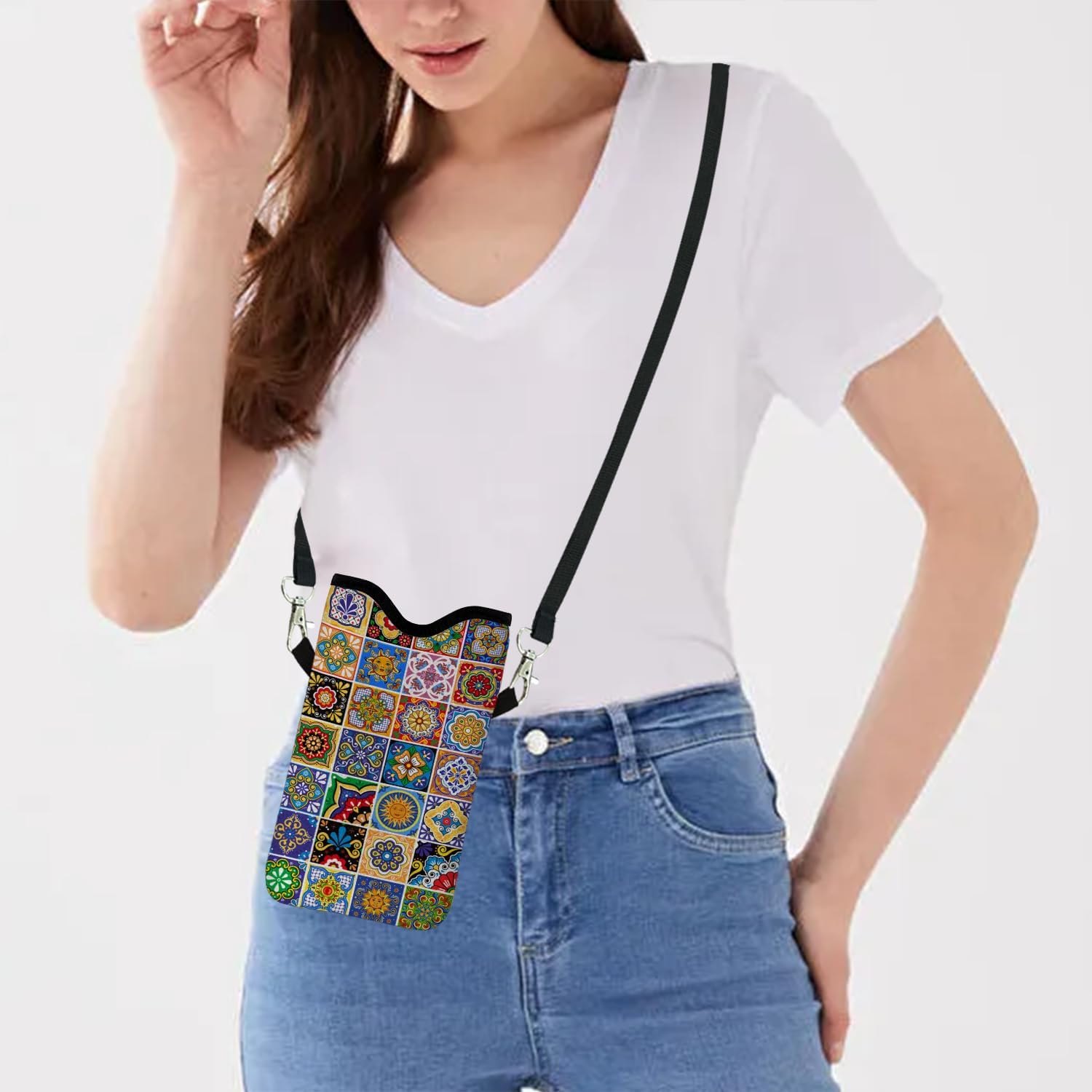 Neoprene Cell Phone Sleeve Pouch Case Bag with Crossbody Strap Neck Lanyard for Women 7.1 X 3.9 in Bohemian Style - Image 5