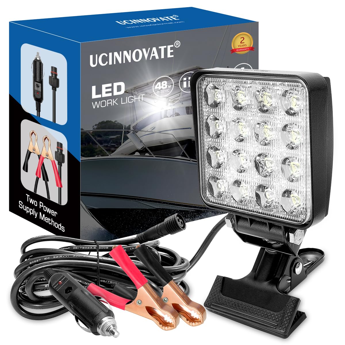 UCINNOVATE LED Boat Spotlight, 2 Way Power Clip on Super Bright Headlights Boat Spreader Square LED Pod 48W 12V Marine Lights for Kayak Bass Jon Fishing T-Top Deck Dock Truck Car Lights 4X4 SUV