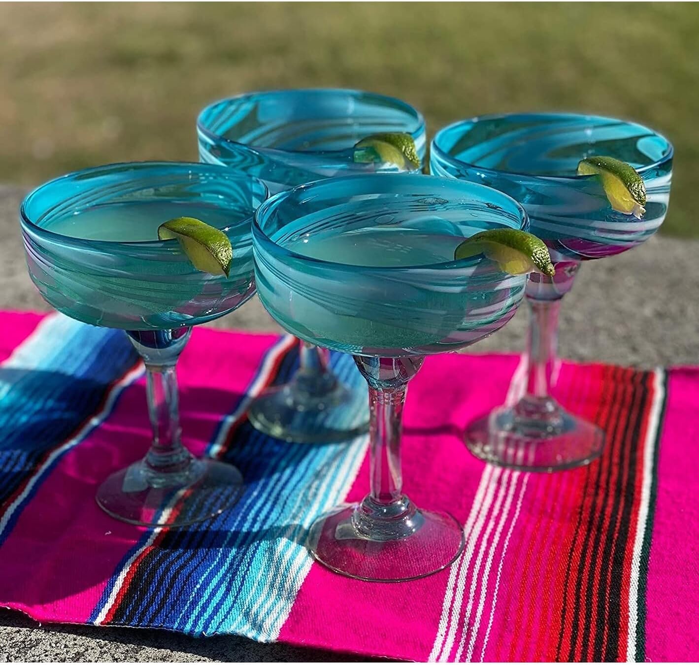 Dos Mexican Hand Blown Glass Set of 4 Glasses Aqua Swirl (16 Oz) Blue
